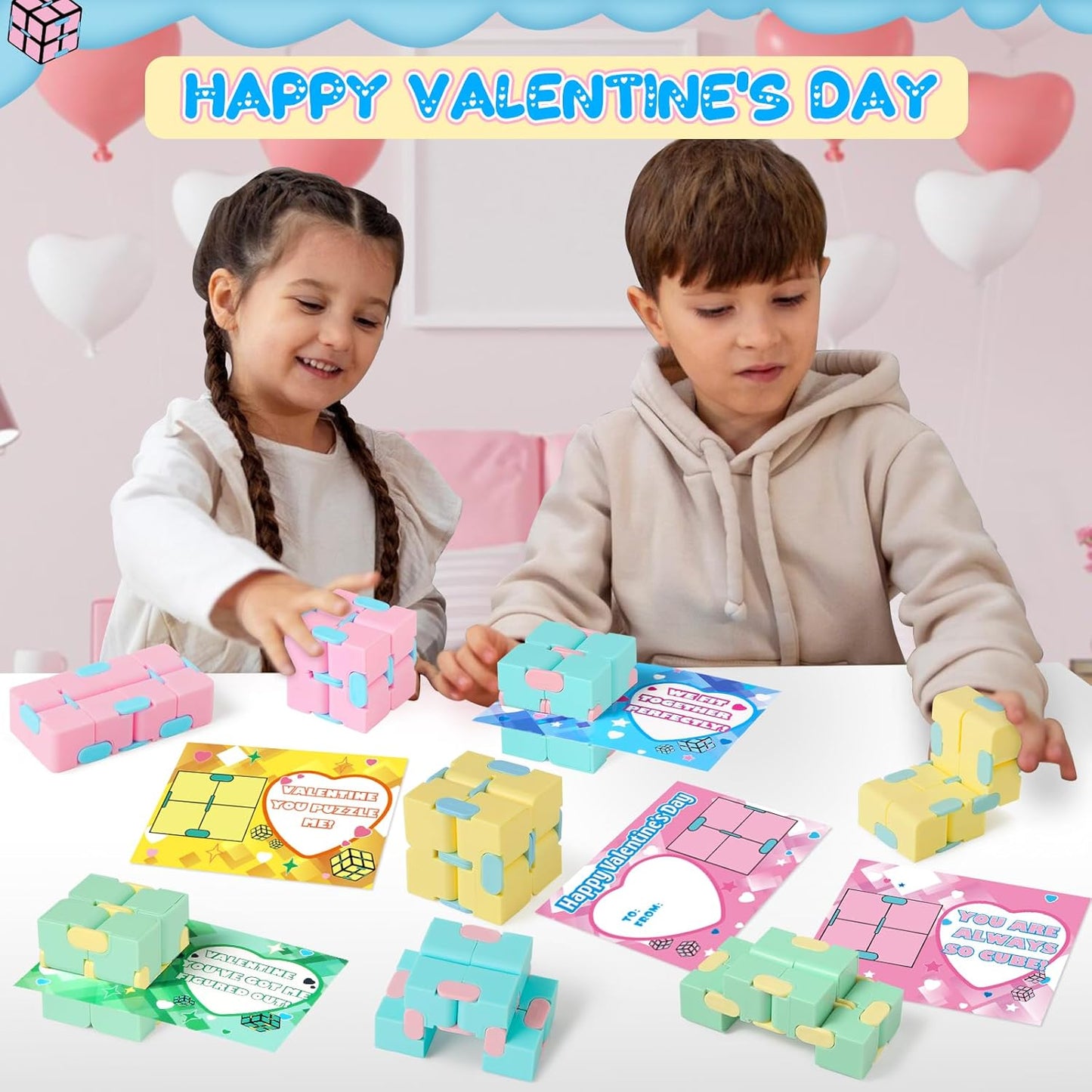 Valentines Day Cards for Kids Classroom,24 Kids Valentine Exchange Cards with Infinity Cube Fidget Toys,Perfect Valentine'S Gifts Exchange,School Class Prizes,Valentine Party Favor Toy for Boys Girls