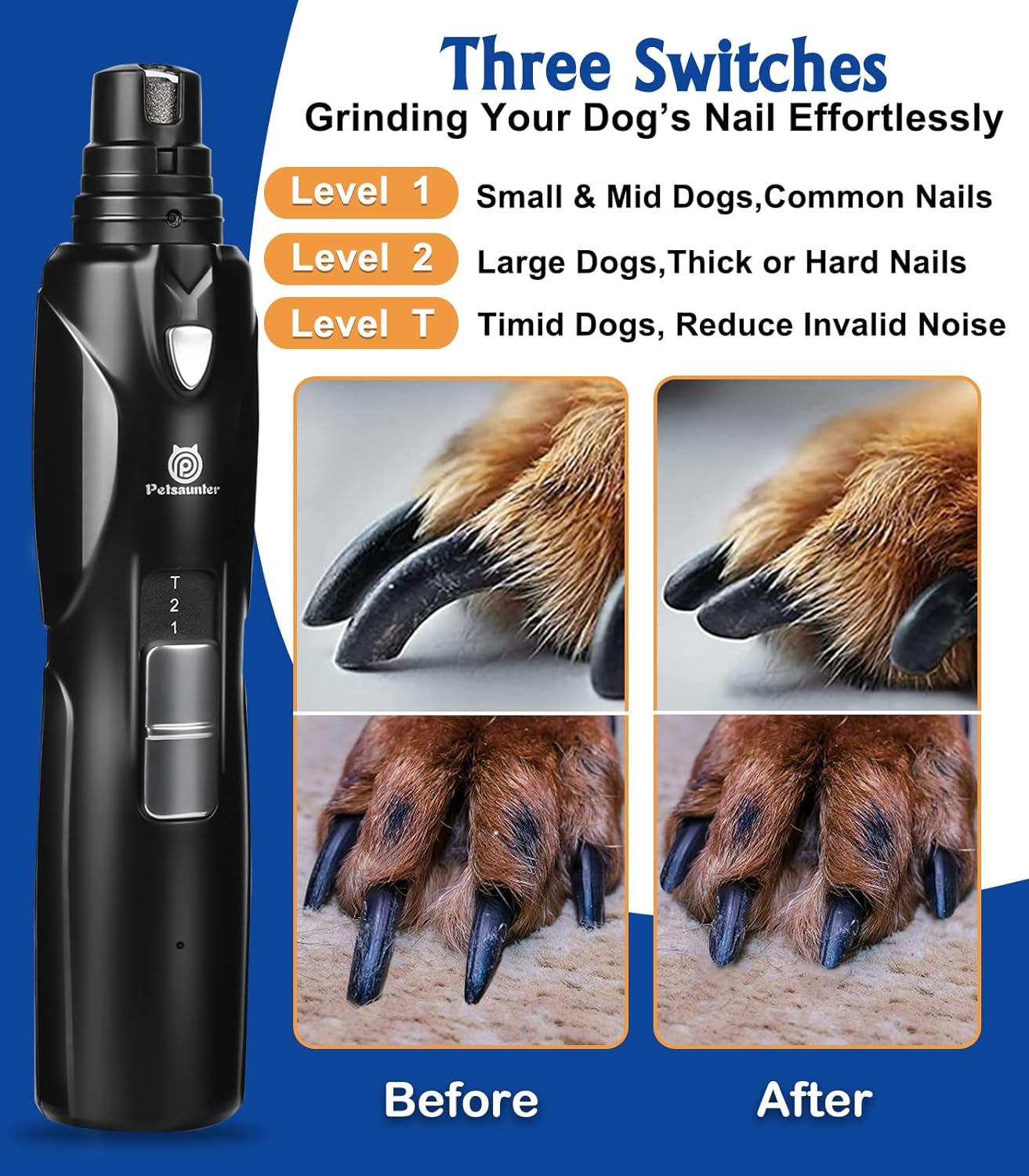 Dog Nail Grinder, 2-Speed and LED Light, Powerful Touch-Switch, Quiet and Low-Vibration Dog Nail Trimmers, and 3 Ports for Large Dogs, Medium, Small Dogs Cats Pets with Hard or Thick Nail