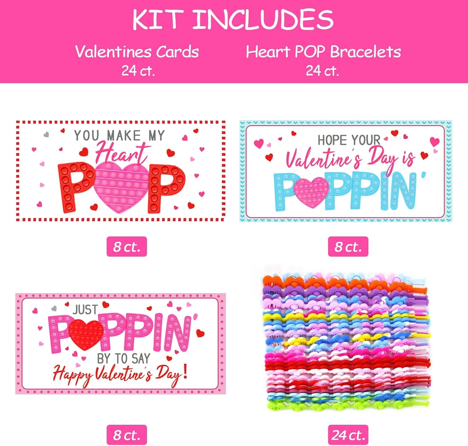 Valentines Day Gifts for Kids - 24 Pack Valentines Cards with Heart POP Bracelets - Sensory Fidget Toys Valentine for School Classroom Gift Exchange Party Favors Supplies for Toddlers Girls Boys