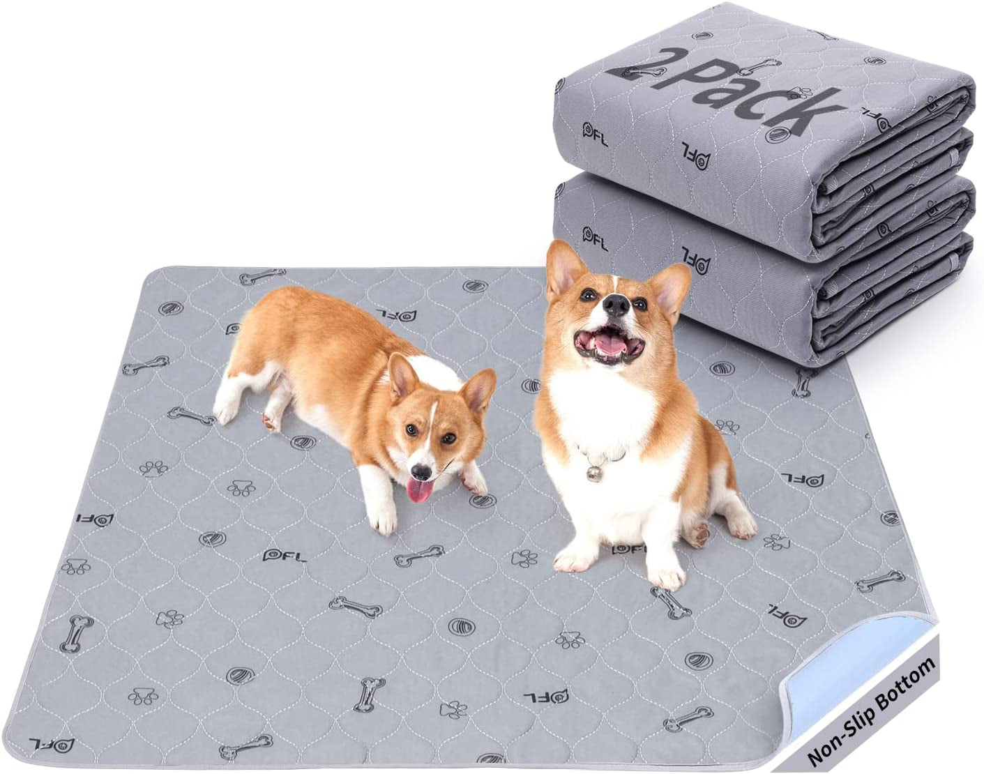 Washable Pee Pads for Dogs, 2Pack Puppy Pads Washable with Bone Print,Absorbent Reusable Whelping Pads Non-Slip Dog Mats for Floor Protector, Couch Cover, Crate, Potty Training 31X36