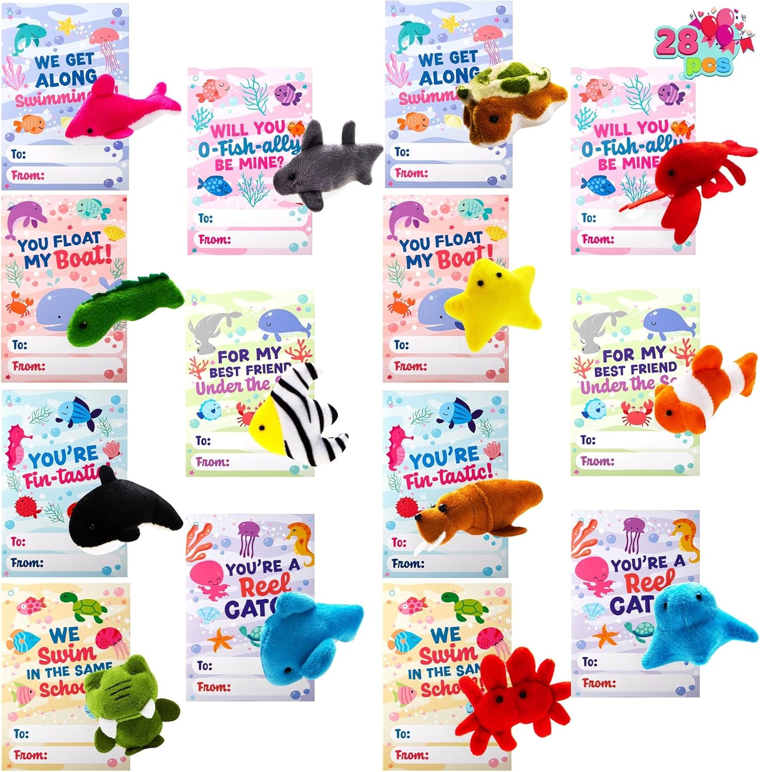 28 Pack Valentines Day Sea Animal Plush Keychain for Kid with Cards, Valentine Party Favor for Classroom Exchange Gift