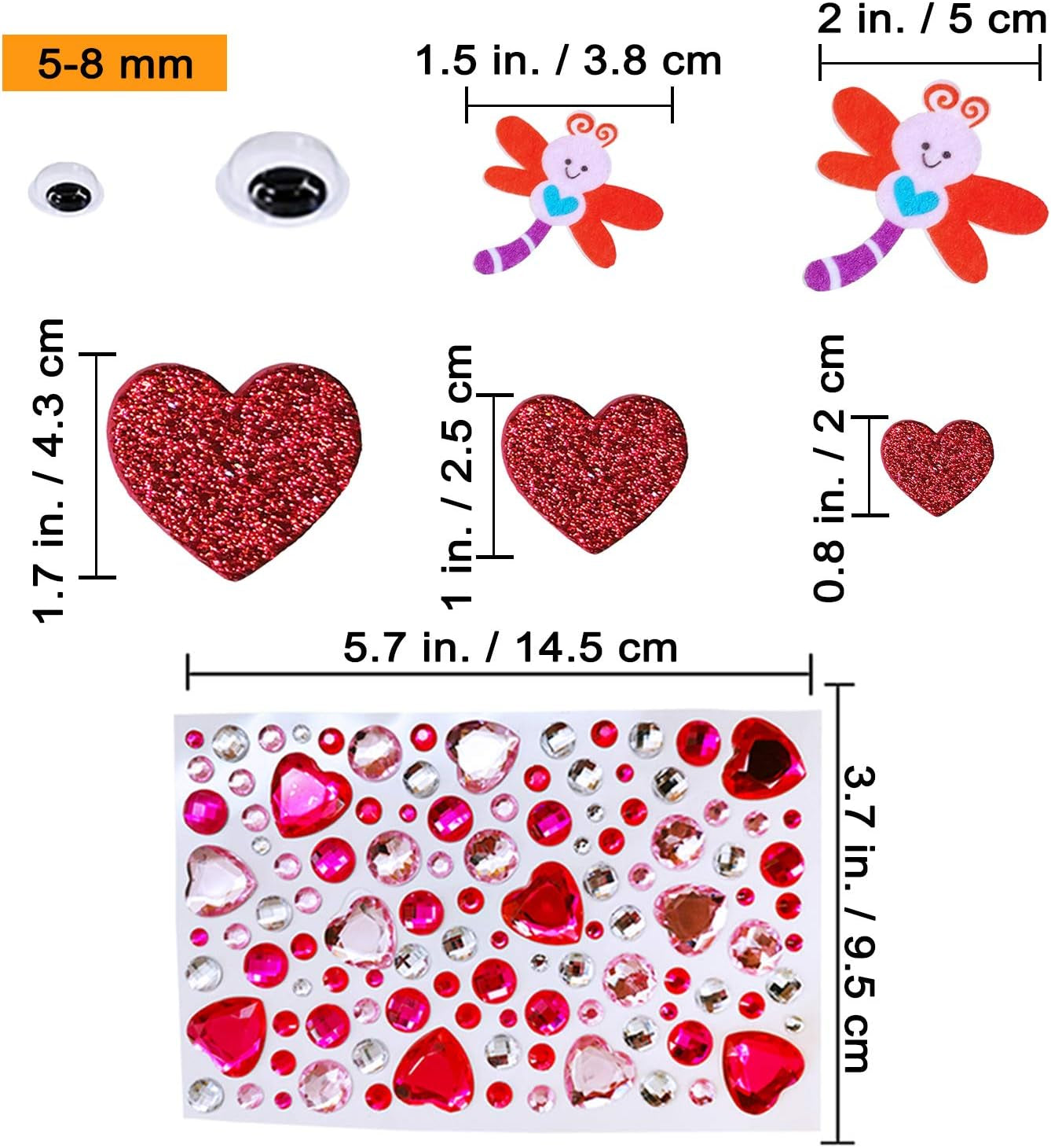 Assorted Valentine'S Day Stickers Embellishments Craft Smile Face Heart Cupcake Owl Bee Sweet Shaped Cutouts Felt Stickers Glitter Heart Foam Stickers for Kids Scrapbooking Cards Decoration