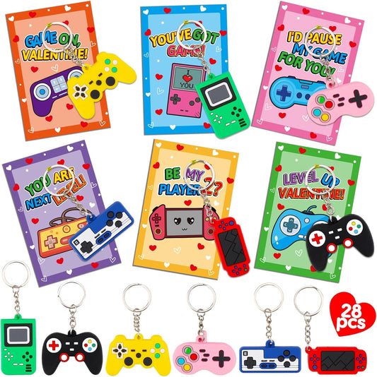 28PCS Video Game Keychains Valentines Day Cards for Kids School Classroom Funny Valentine Day Exchange Gifts for Toddlers Boys Girls Student Valentine'S Party Favor Goodie Bag Stuffers Treat Bulk