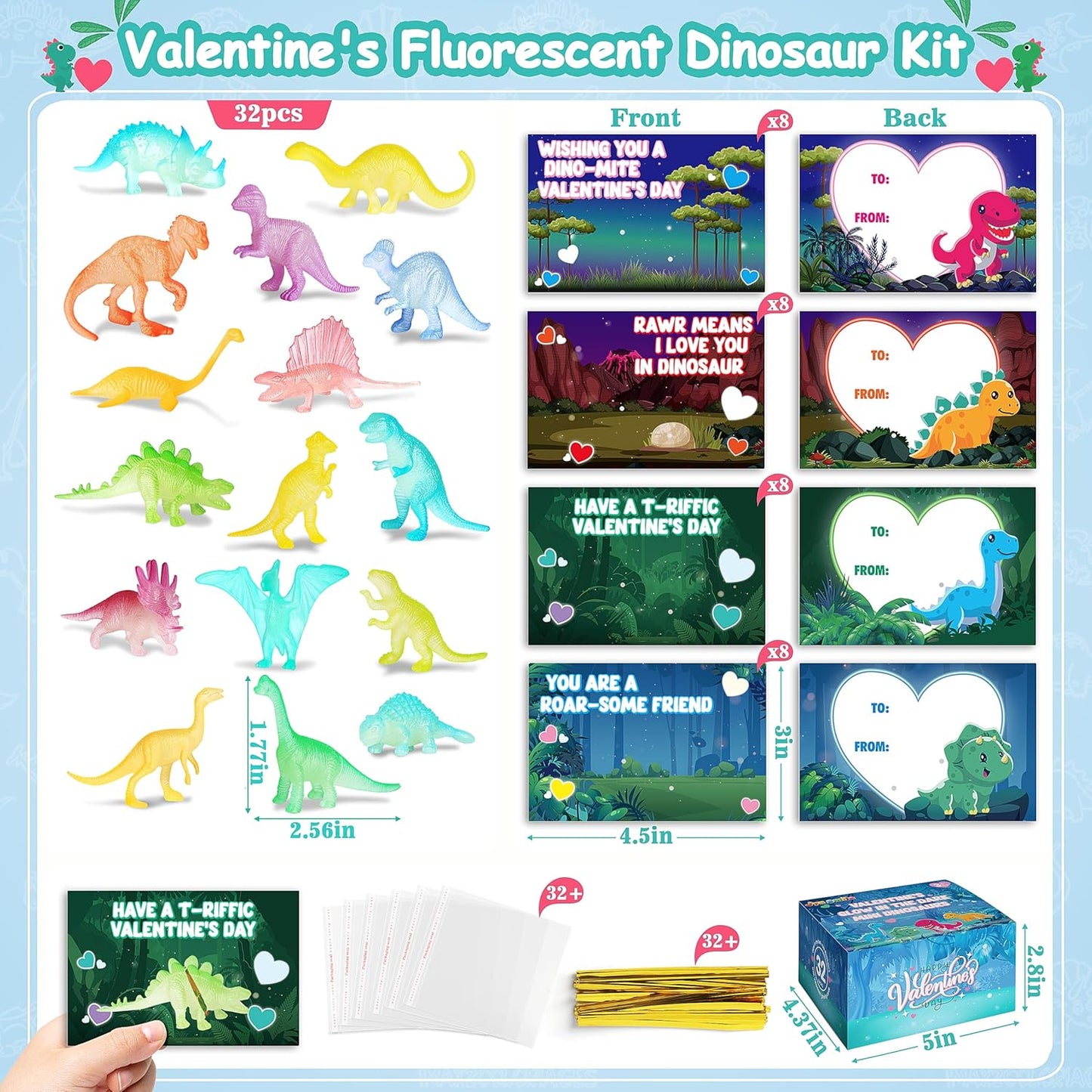 Valentines Day Cards for Kids School, 32 Pack Valentines Day Gifts for Kids with Glow in Dark Dinosaurs, Valentine School Classroom Exchange Gift for Party Favor, Valentine'S Dino Toys for Boys Girls