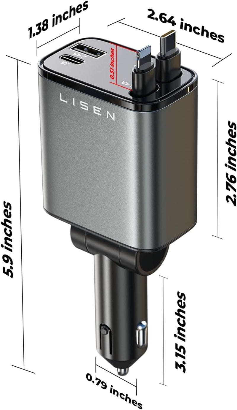 Retractable Car Charger 4 in 1 [69W USB C Car Adapter] for Iphone 16 Car Charger Fast Charging, Valentines Gifts for Women Men, Car Accessories USBC Car Charger for Iphone 16 15 14 13 12, Gray