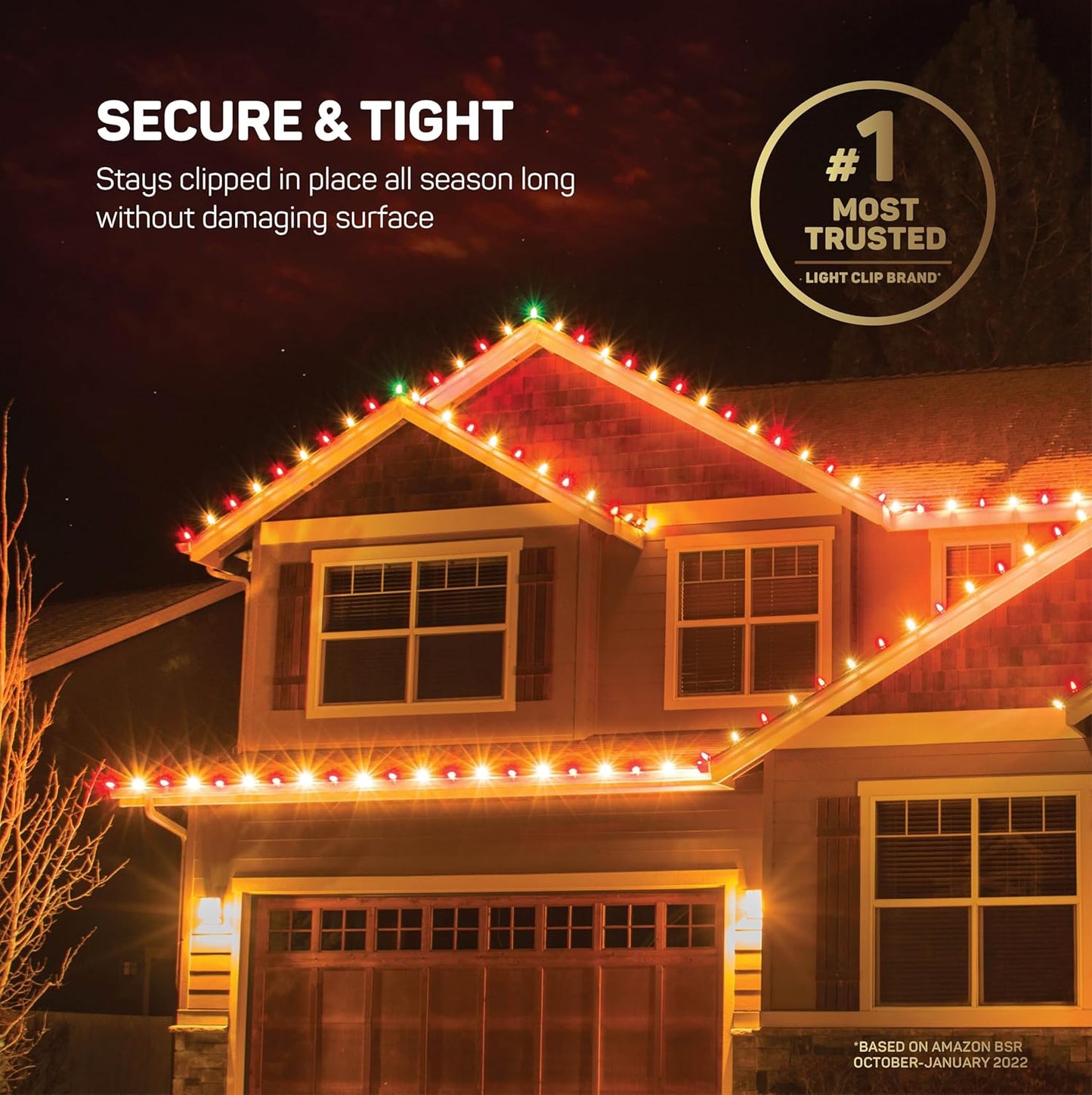 All-Purpose Holiday Light Clips [Set of 200] Christmas Light Clips, Outdoor Light Clips - Mount to Shingles & Gutters - Works with Mini, C6, C7, C9, Rope, Icicle Lights - No Tools Required - USA Made