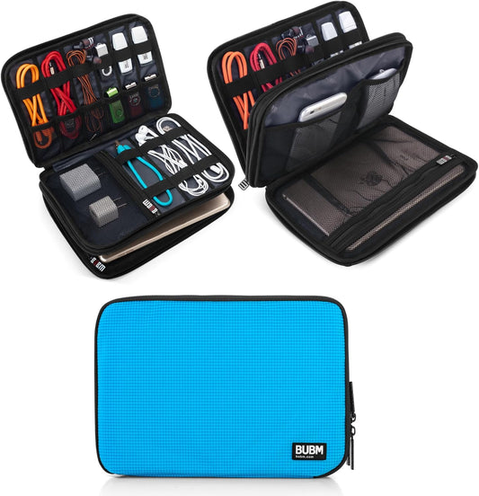 Double Layer Electronic Accessories Organizer, Travel Gadget Bag for Cables, USB Flash Drive, Plug and More, Perfect Size Fits for Ipad Mini (Medium, Blue)