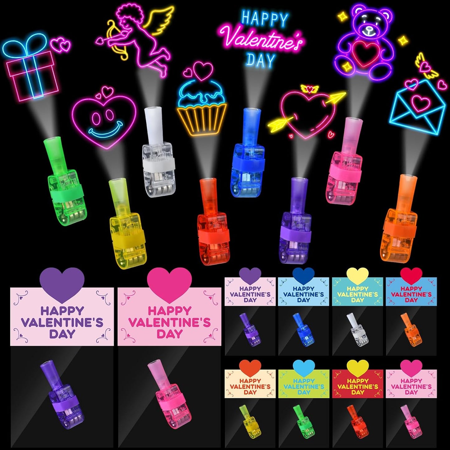 Valentines Day Gifts for Kids, 24 Packs Valentines Cards with LED Finger Lights Valentines Light up Toys for Kids School Classroom Exchange Valentine’S Day Party Favors Gifts