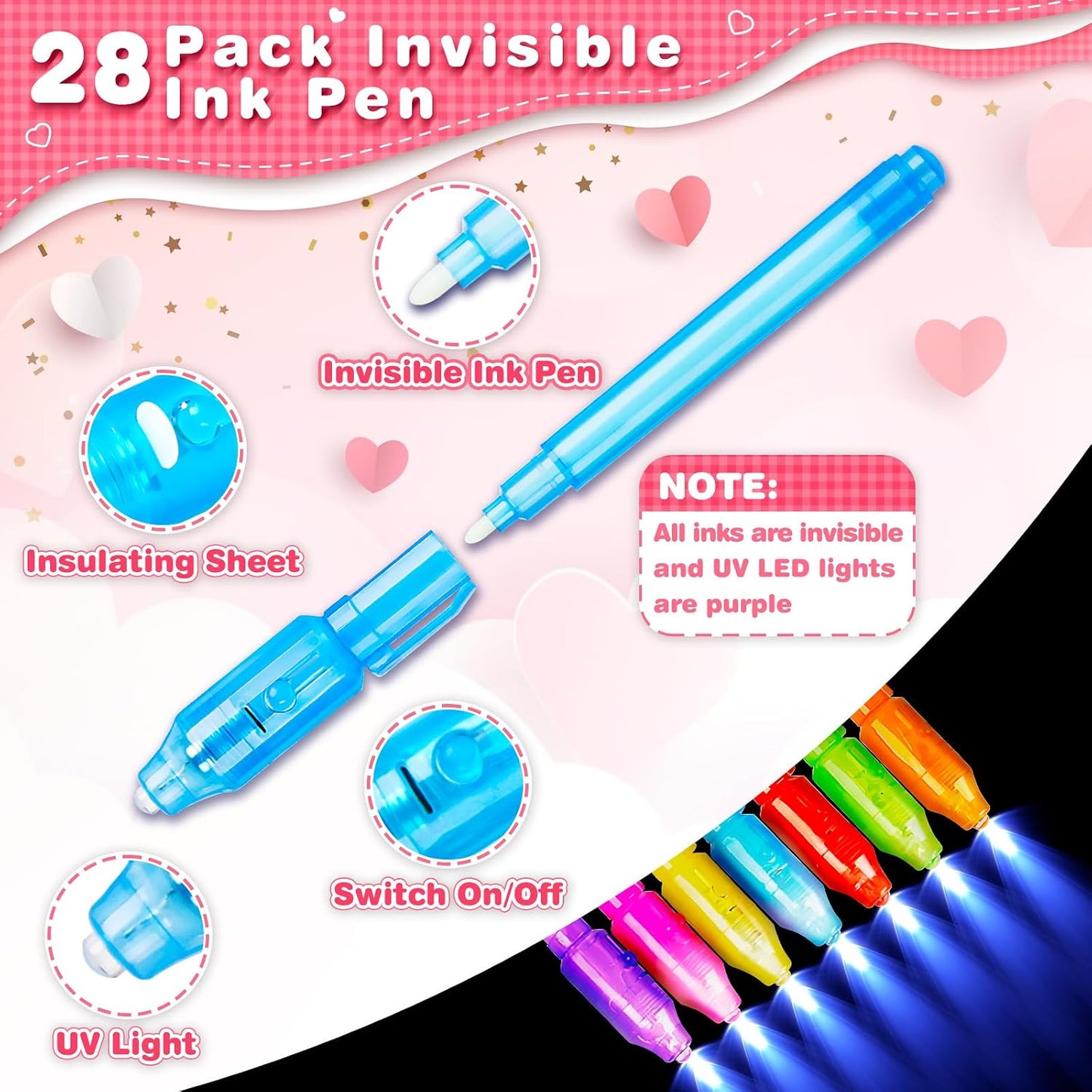 Valentine'S Day Gifts Cards for Kids，28 Pack Invisible Ink Pen with Greeting Cards for Kids Classroom Exchange Prizes, Magic Pen with UV Light for Secret Message, Valentine School Party Favors