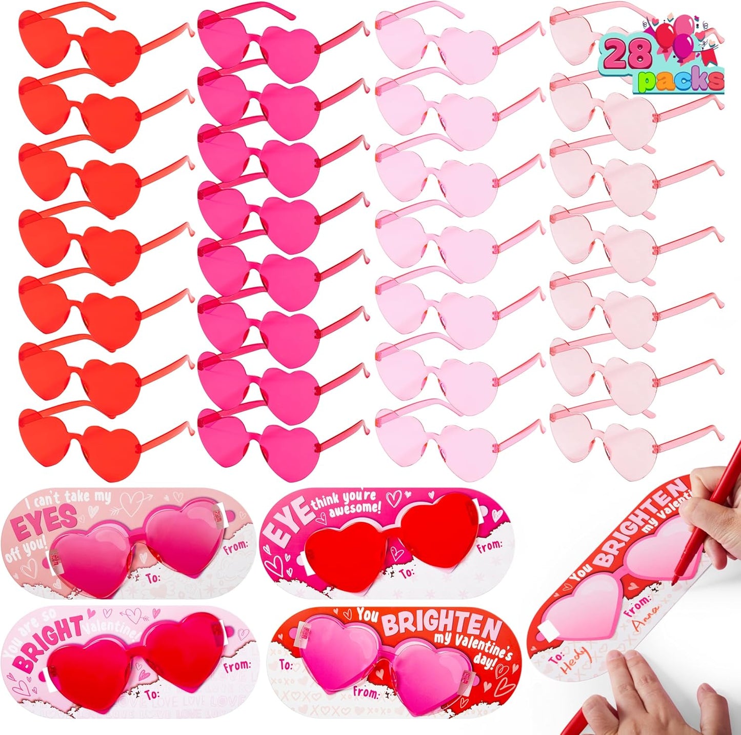 28 Packs Valentine'S Day Heart Shaped Sunglasses with Cards, Classroom Exchange Gift for Kids, Classroom Holiday Prizes, Stylish Eyewear in Vibrant Colors, Heart Shaped Glasses Party Favors