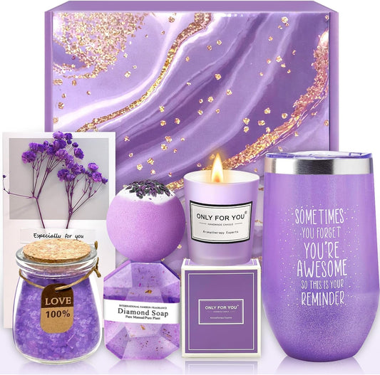 Gifts for Women - Spa Gift Basket & Tumbler Set - Perfect Mothers Day, Birthday, Christmas, Stocking Stuffers, Valentines Day Gifts for Her - Women, Wife, Girlfriend, Friends, Sister, Mom (Purple)