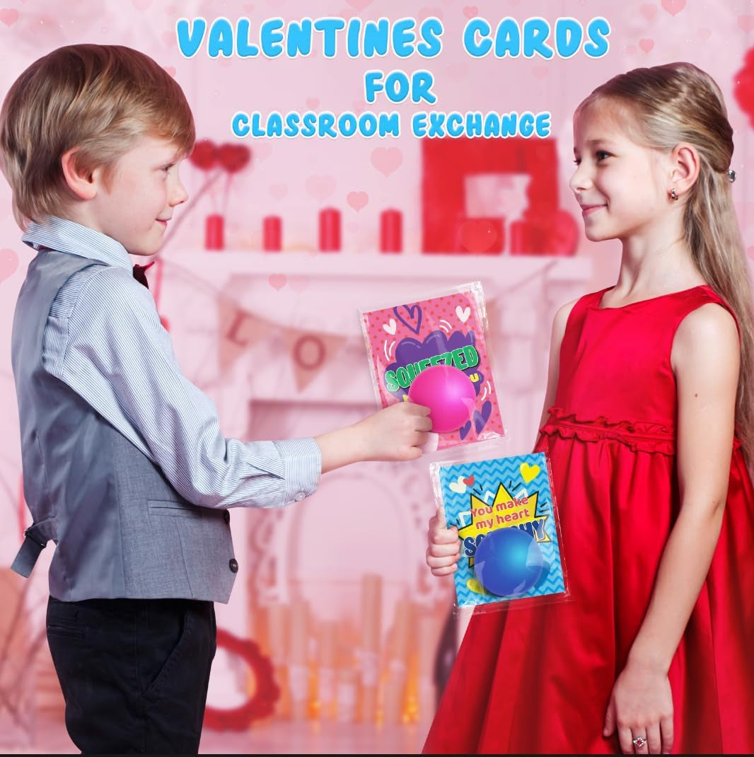 28 Packs Kids Valentine'S Day Greeting Cards with Squeeze Ball Set,Valentine Exchange Cards for Girls Boys School Class Prizes, Stretchy Balls Sensory Squeeze Toys,Bulk,Valentine Party Favor for Kids