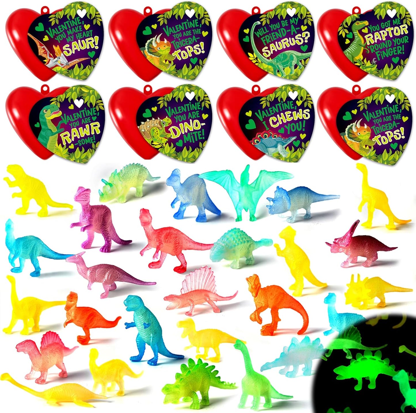 28 Packs Valentines Day Greeting Cards with Glow in Dark Dinosaur Toys and Heart Shells for Valentine Kids Party Favor, Classroom Exchange Prizes, School Gift Rewards