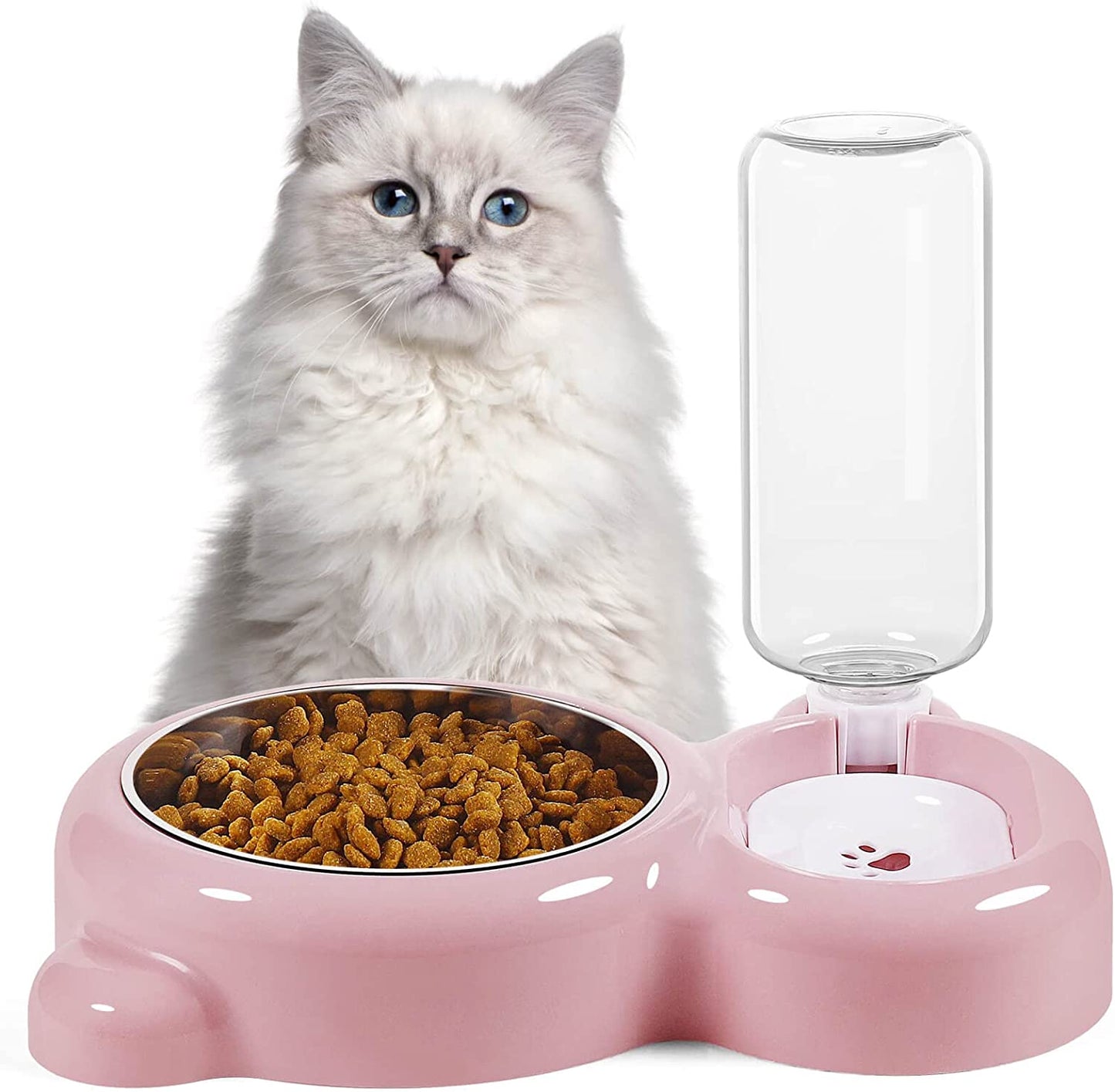 Dog Bowls, Cat Food and Water Bowl Set with Water Dispenser and Stainless Steel Bowl for Cats and Small Dogs - Pink