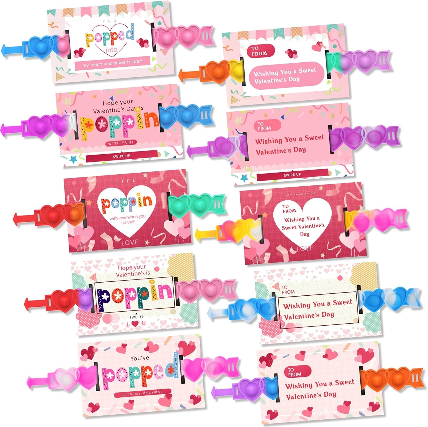 30 Pcs Valentine'S Day Pop Bracelets Toys with Cards Heart Pop Bracelets Bubble for Kids School Classroom Prizes, Valentine'S School Class Exchange Cards and Kids Party Favors