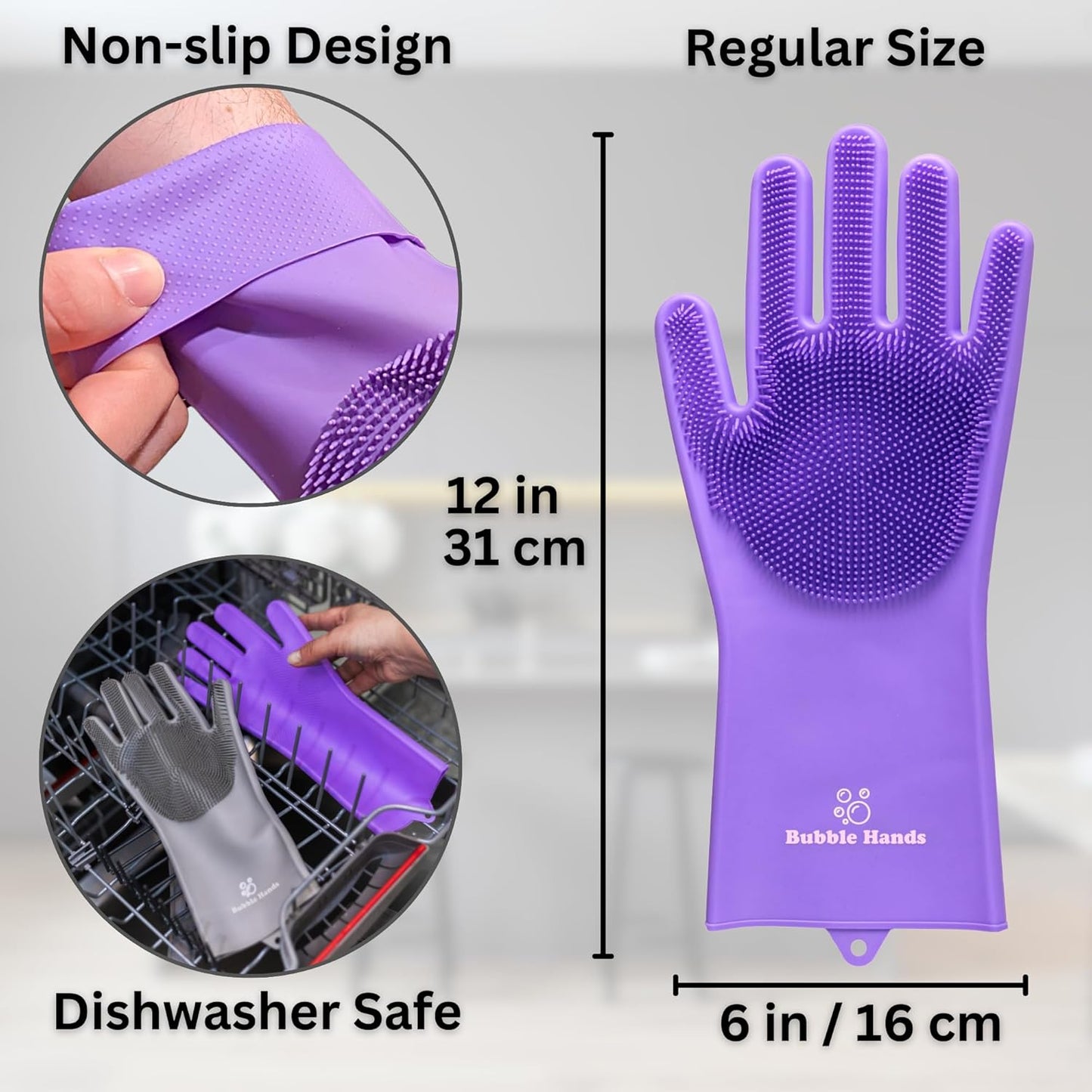 Dog Washing Gloves with Bristle Scrubbers, Reusable Silicone Gloves Ideal for Pet Bathing, Massaging & Grooming (Purple)