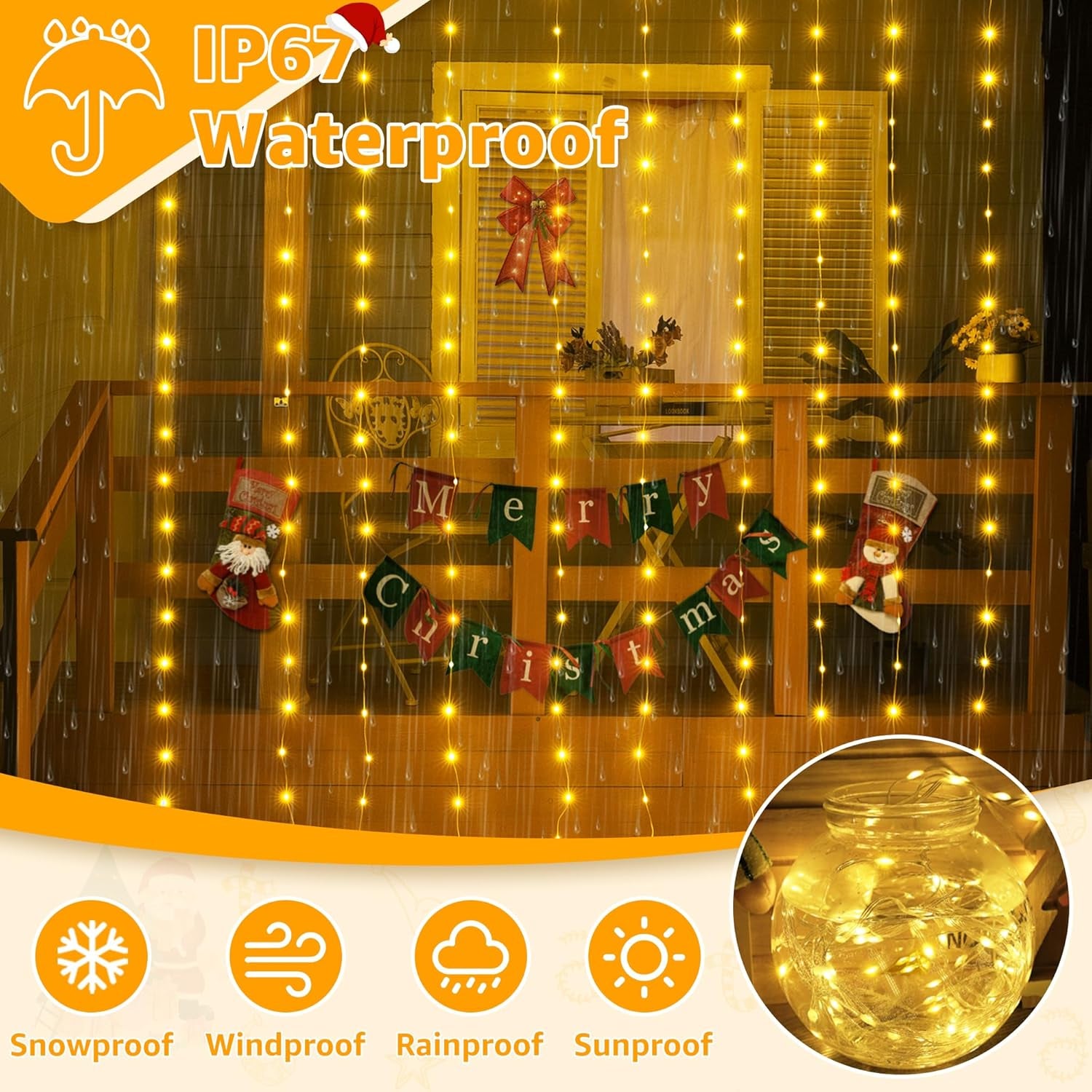 Curtain Lights 300LED 9.8Ftx9.8Ft, Connectable IP67 Waterproof Outdoor Curtain String Lights with Remote, Plug-In Untangle Fairy Lights with 8 Modes 3 Timers for Wall Backdrop Decor(Warm White)