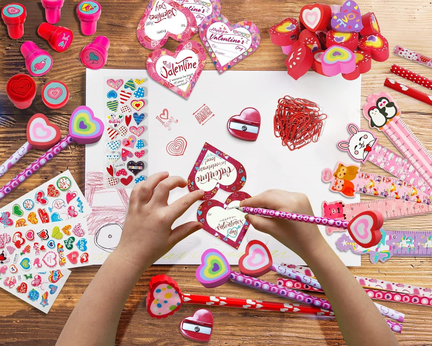 Valentine Gifts for Kids School, 28 Packs Stationery Set from Teachers to Students, Valentines Kids Gift Set Cards with Stickers, Pencils, Erasers, Valentine'S Day Classroom Exchange Party Favor Toy