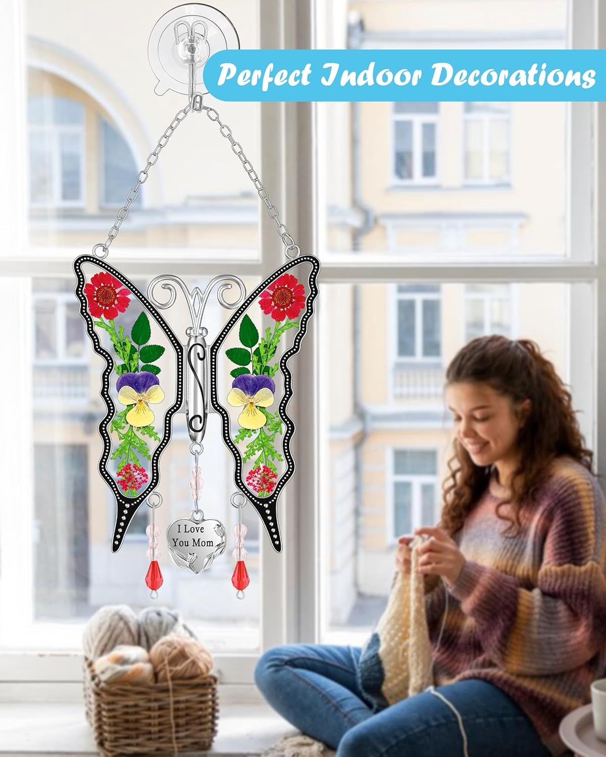 Gifts for Mom Butterfly Suncatcher Mom Gifts Mothers Day I Love You Mom Stained Glass Sun Catcher for Window Hangings Wind Chime Ornament Birthday Gift for Mother`S Day Valentine`S Christmas