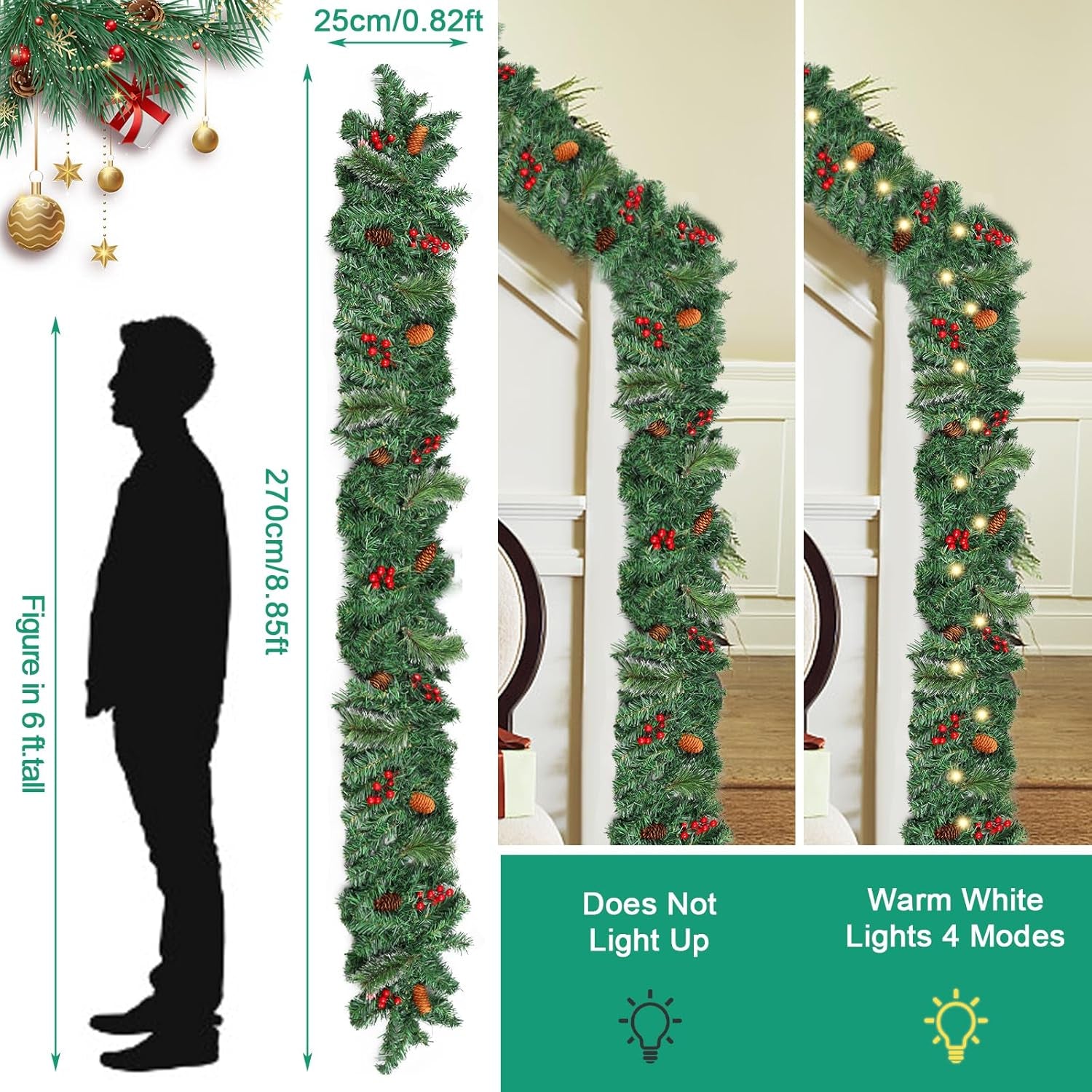 9FT Christmas Lighted Artificial Garland, Xmas Battery Operated Green Rattan with 50 Lights Pine Cones Red Berries for Fireplace Stair Mantle Indoor Outdoor Home Fireplace Porch Decoration(A)