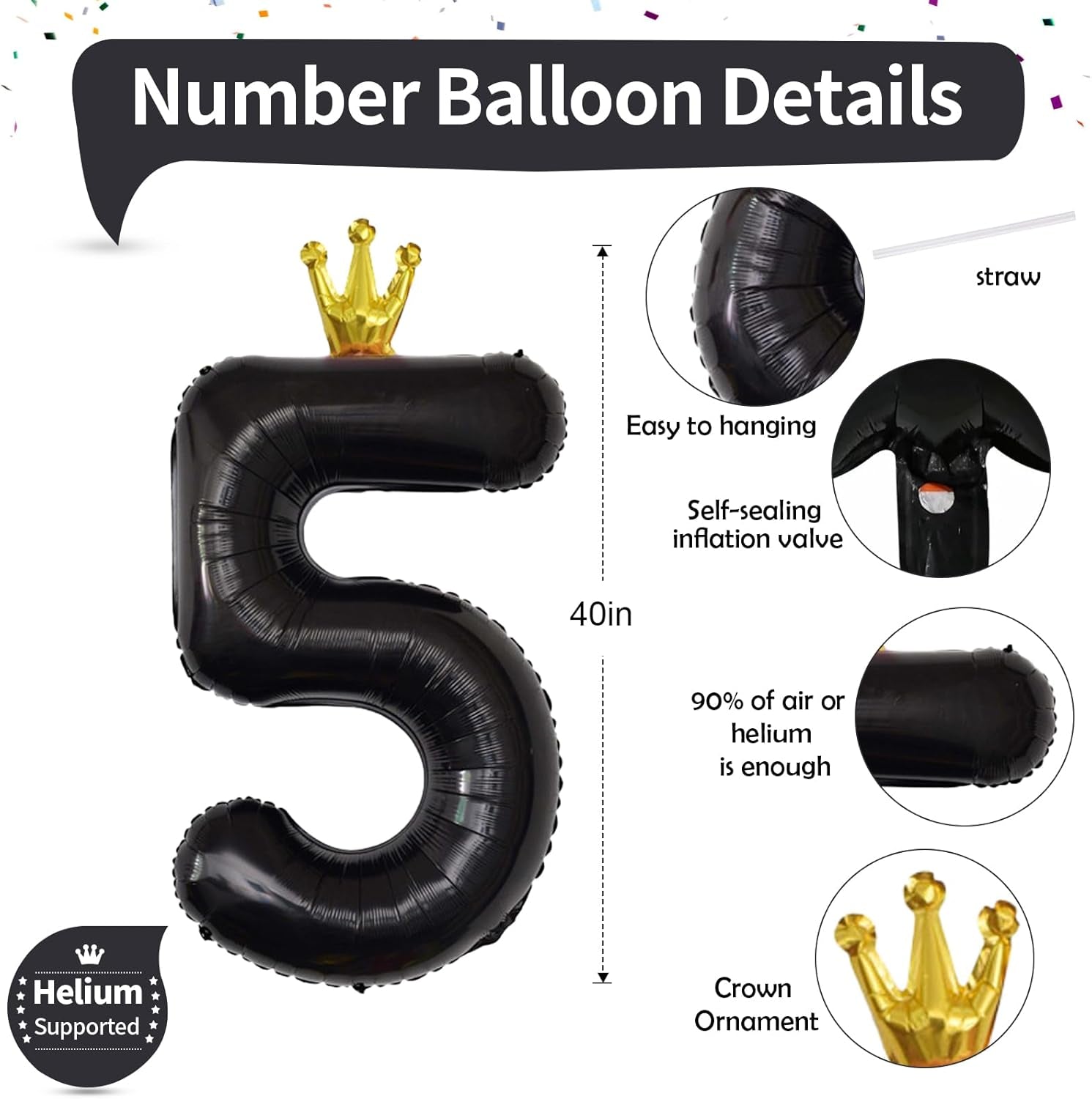 40 Inch Black 5 Number Balloons for Kids, Giant Foil 5Th Birthday Number Balloon, Crown Self Inflating Balloons 0-9 Set for Girls Boys 15Th Birthday Party Decor Anniversary Decorations Boys Supplies