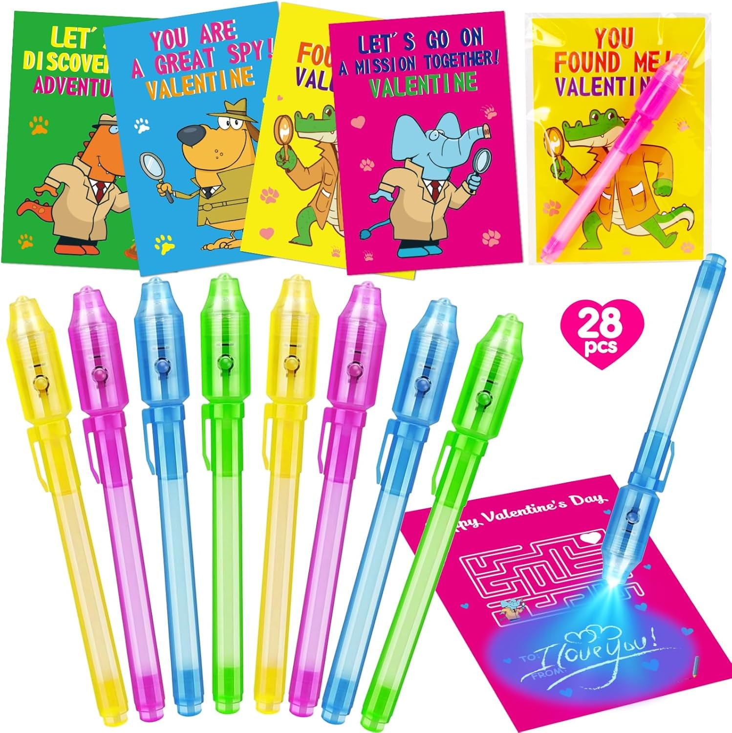 28PCS Valentines Day Gifts for Kids Classroom with Invisible Ink Pen, Kids Valentine Day Cards for School Boys Girls Student Exchange Gifts Spy Pens for Toddler Valentine'S Party Favors Treat Bulk