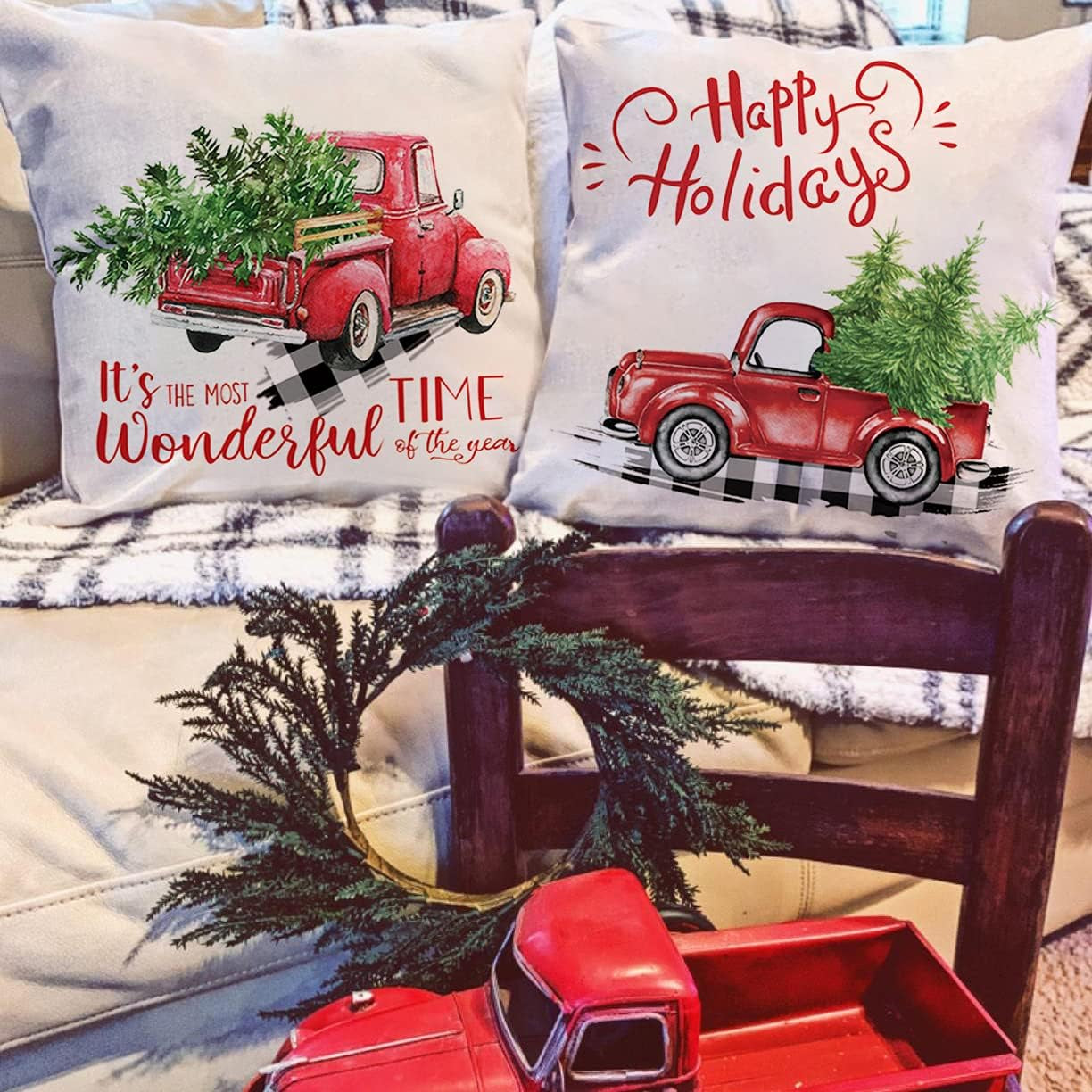 Red Truck Christmas Decor Outdoor Christmas Throw Pillow Covers 18X18 for Home Car Office, Set of 2