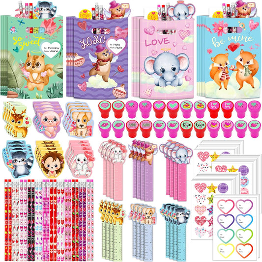 168 Pcs Valentines Day Stationery Kids Gifts Set, Valentines Gifts for Kids School Classroom Exchange, Valentines Party Favors for Boys Girls, Assorted Goodie Bag Pencil Sticker Ruler Stamp Notepad