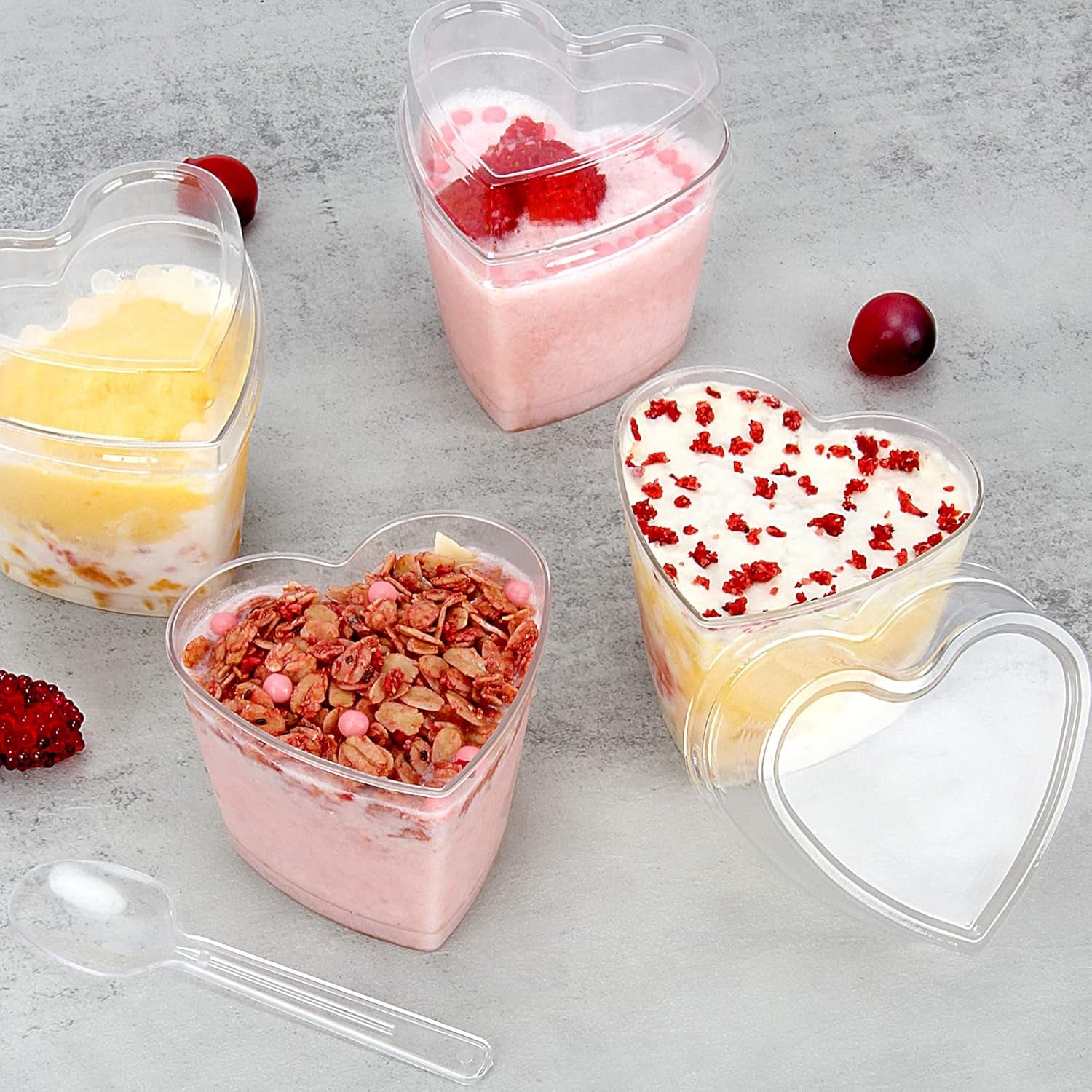 60 Pack Dessert Cups with Lids and Spoons, 5 Oz Heart-Shaped Clear Plastic Appetizer Parfait Cups for Mother'S Day Gift, Wedding, Bridal Shower