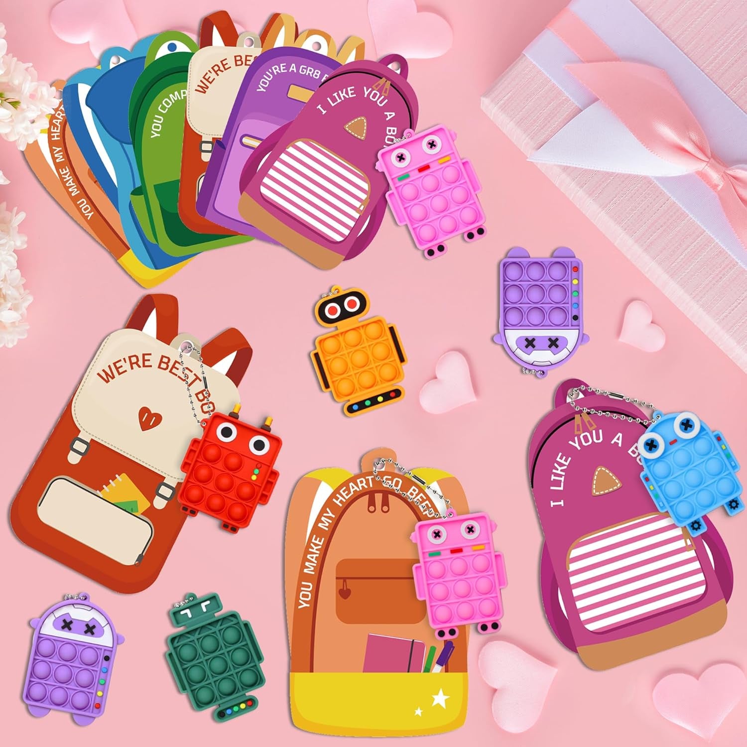 24 Pack Valentines Day Cards Gifts for Kids School Classroom, Pop Fidget Keychains Valentines for Kids Class Prizes Robot Valentines Boys Girls Valentines Day Party Favors Treats Goodie Bag Stuffers