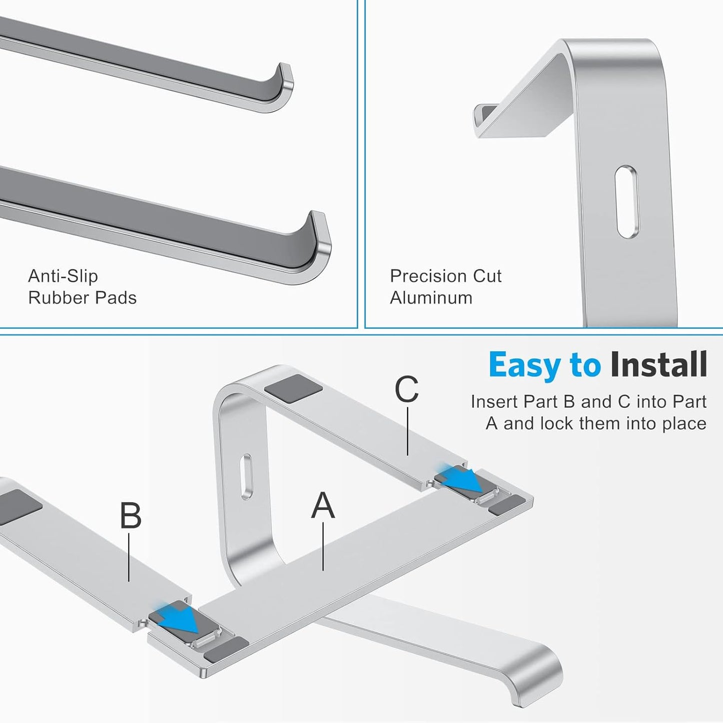 Laptop Stand, Detachable Laptop Mount, Aluminum Laptop Holder Stand for Desk, Compatible with Macbook Air/Pro, Dell, HP, Lenovo and All Laptops (11-16 Inch), Silver