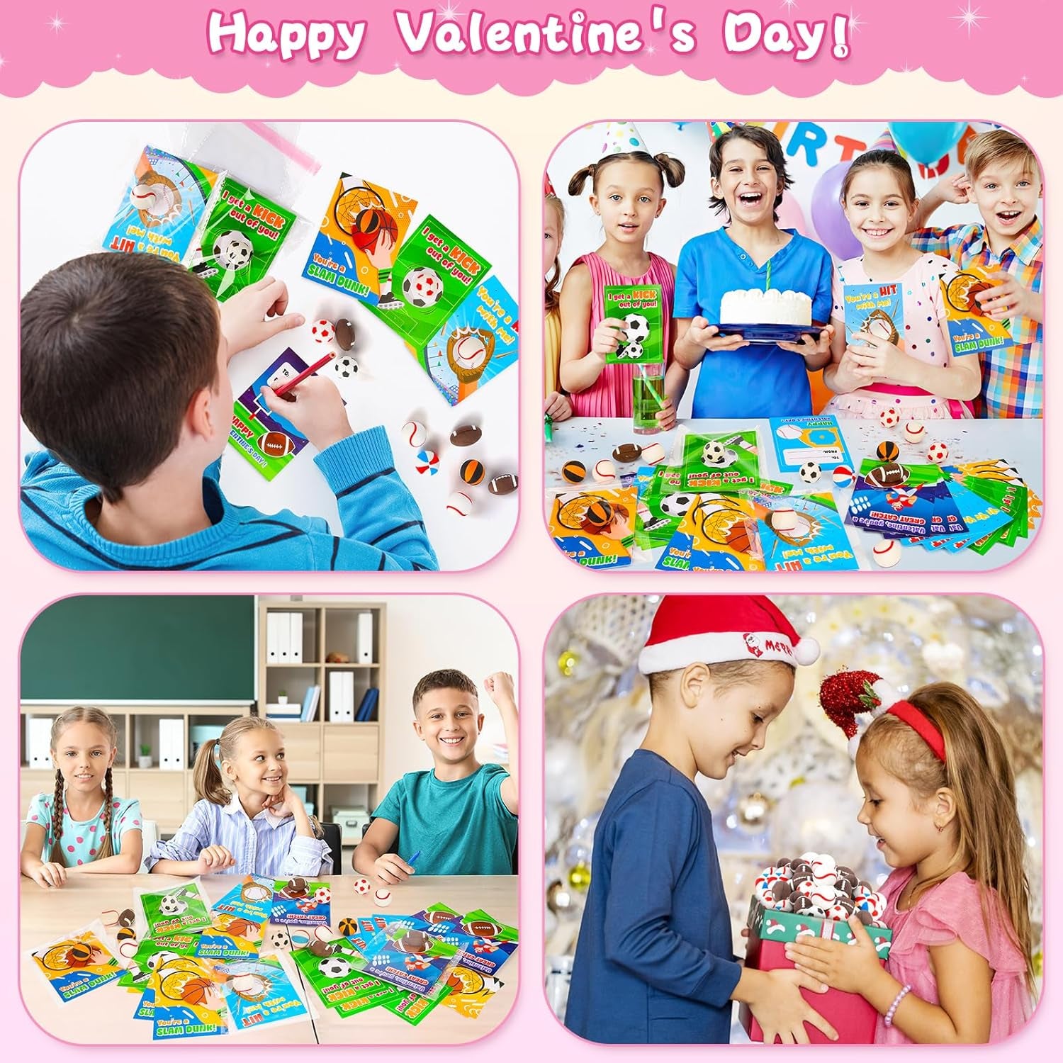 28Pack Valentines Day Cards for Kids School with Mini Sports Ball Erasers Valentines Day Gifts for Kids Classroom Exchange Boys Valentines Toys Party Favor Bulk Class Prizes Goodie Bags Stuffers