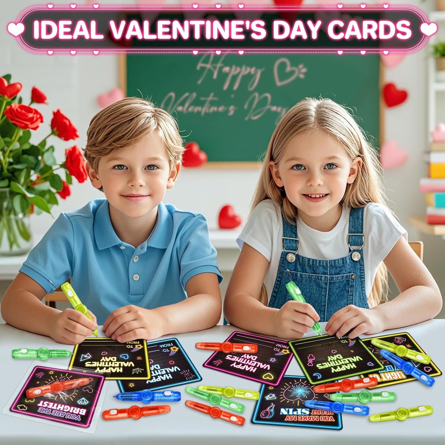 24 Pack Valentines Day Cards for Kids, 24 Light up Spinning Toy Pens for Valentines Gifts Exchange, Valentine School Classroom Favors for Kids Boys Girls, Valentines Cards for Kids