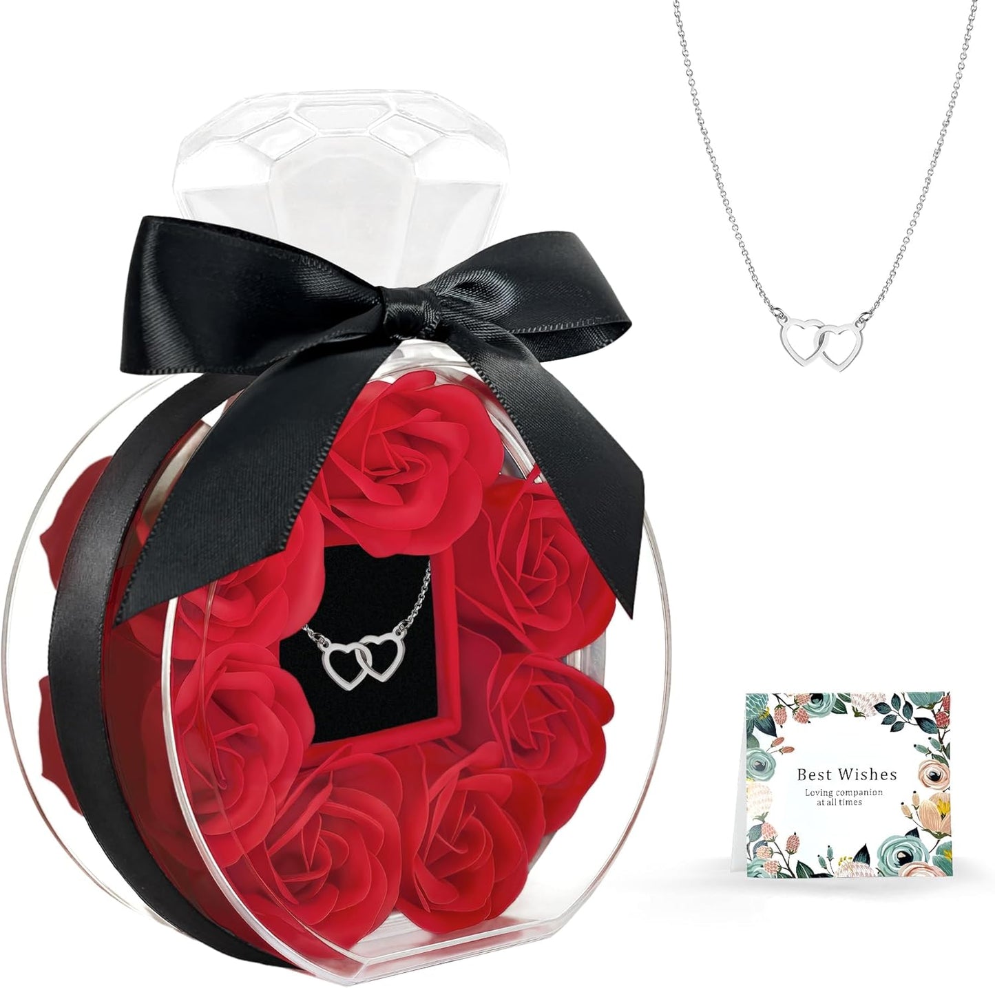 Rose Box with Necklace Artificial Preserved Flower Valentines Mothers Day for Girlfriend Mom Birthday Anniversary Personalized Romantic Gifts(Red)