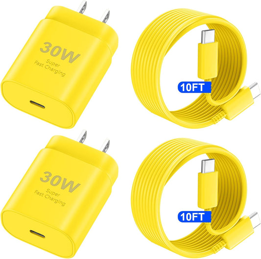 USB C Phone 16 15 Pro Max Charger Fast Charging Block, 30W USB C Charger with 10FT USB-C Fast Charging Long Cable Cord for Phone 16 Pro Max/16 Pro/16 Plus/16/15 Promax/15Pro/15Plus/15 Galaxy-Yellow