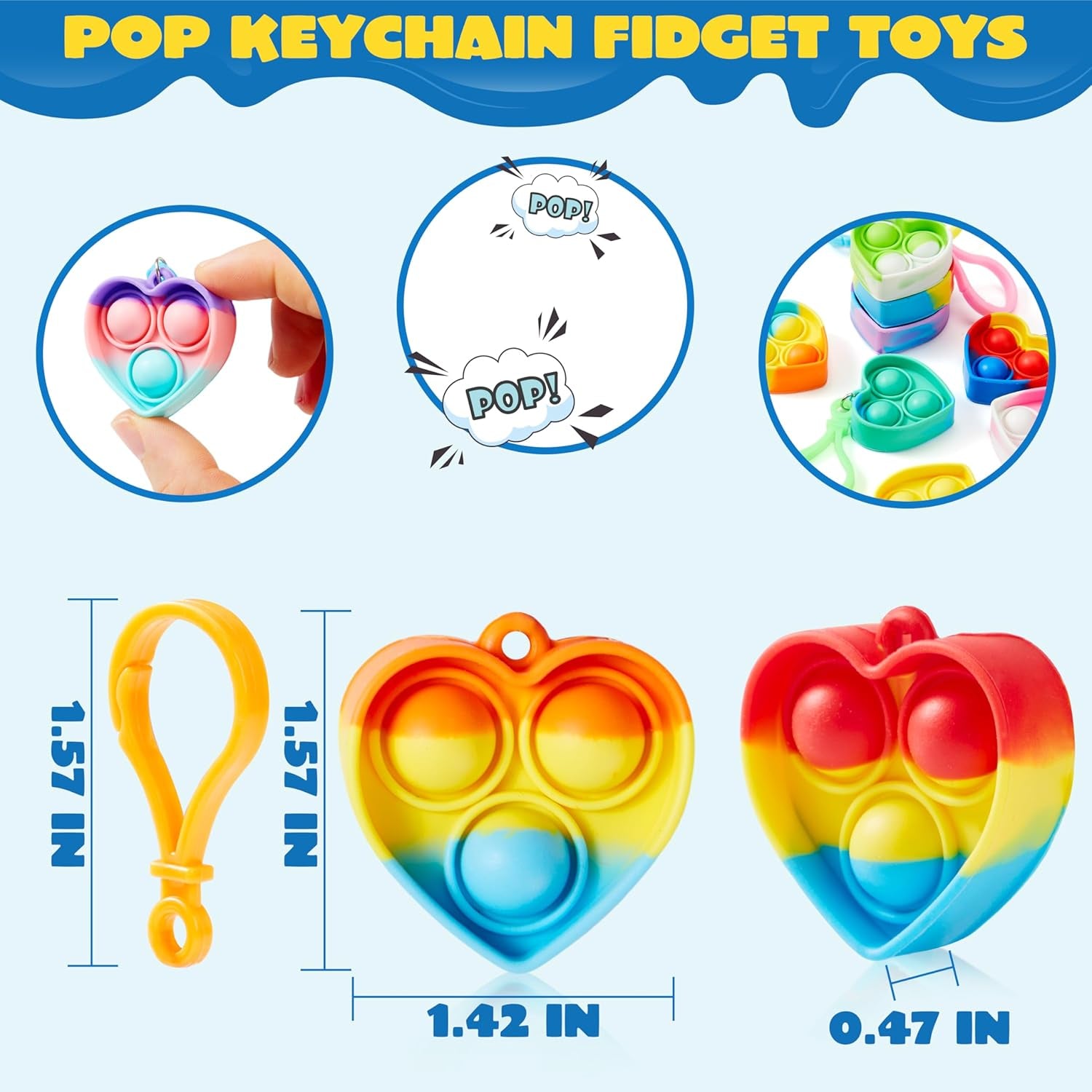 Heart Pop Fidget Keychain 30 Pack Pop Fidget Toys Bulk Party Favors for Kids 4-8,8-12 Years, Goodie Bag Stuffers Classroom Prizes Birthday Sensory Toys Gifts