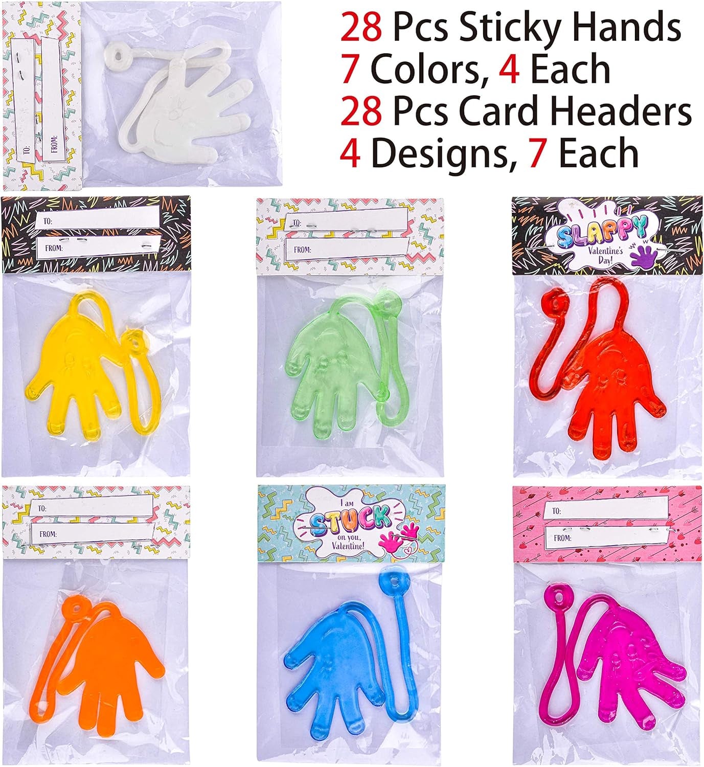 28 Packs Valentines Day Sticky Hands with Card Headers for Kids Party Favor, Classroom Exchange Prizes, Valentine’S Day Greeting Cards, Party Favors and Exchange Gifts