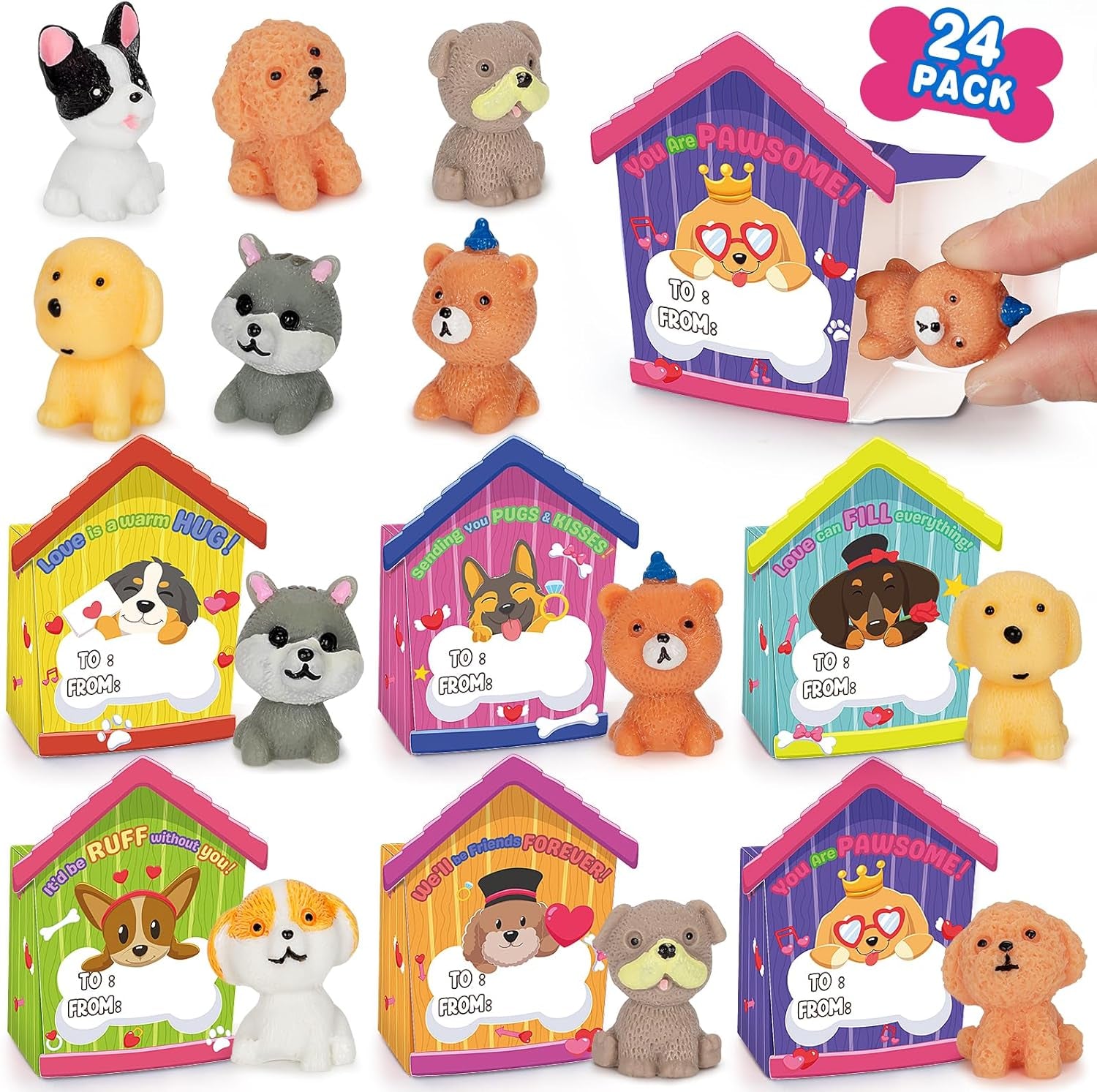 24 Pack Valentines Day Cards with Dog Figurines, Valentines Day Gifts for Kids of Puppy Miniature Toys, Kids Valentines Day Cards Box & Resin Mini Dog Toys, Valentines Party Favors for Boys Girls