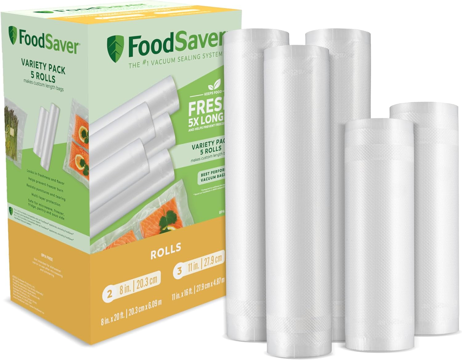 Custom Length Vacuum Sealer Bags Multipack, 5 Count Rolls for Airtight Food Storage and Sous Vide - Compatible with , 8 (2 Pack) and 11 (3 Pack)