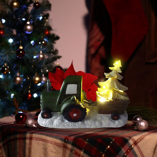 Holiday Green Tractor Pulling Tree Statue with LED Lights