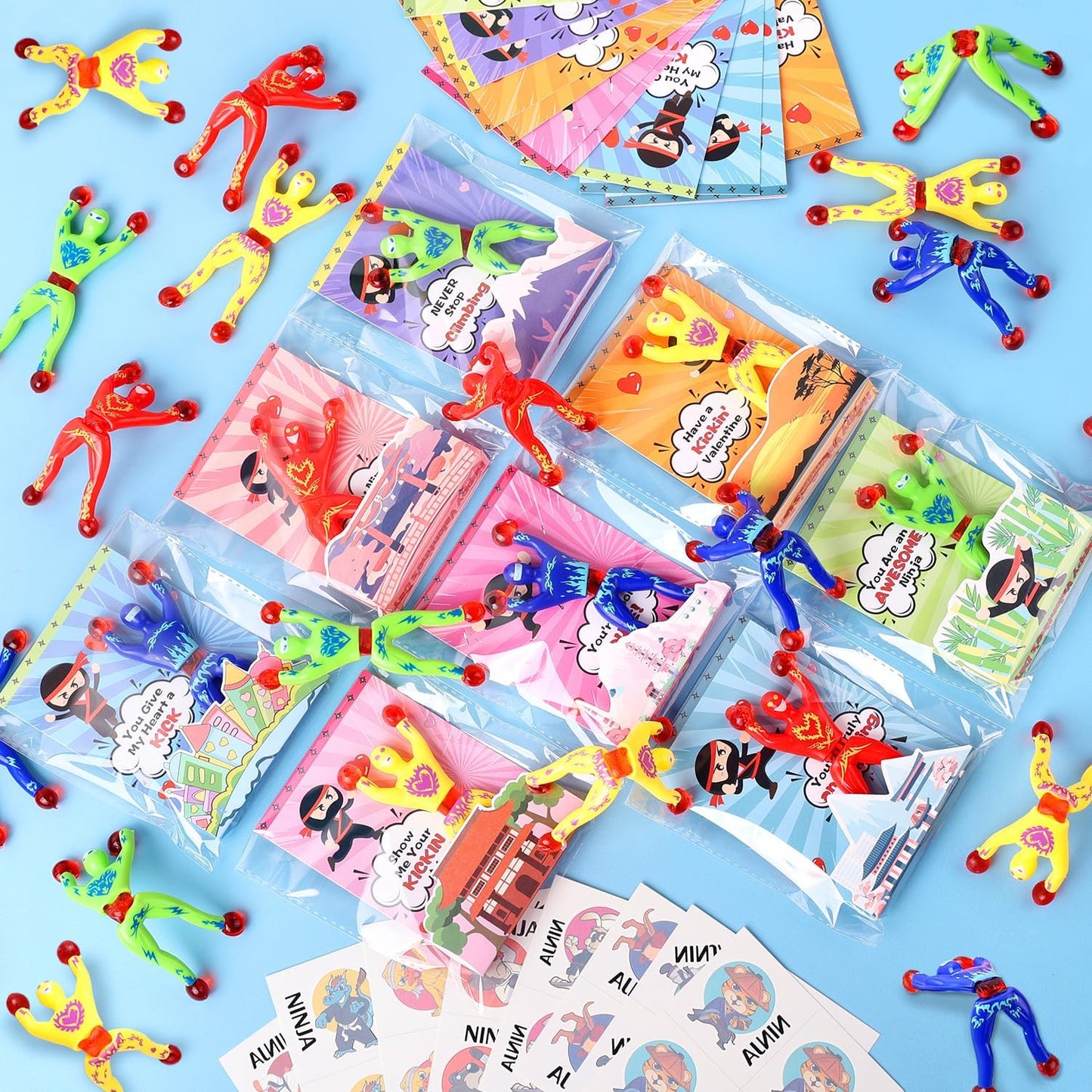 Valentines Day Cards for Kids, 32 Pack Valentines Day Gifts for Kids Classroom with Sticky Wall Climbing Ninjas, 3D Valentines Day Exchange Cards for Boys Girls School Party Supplies Greeting Cards