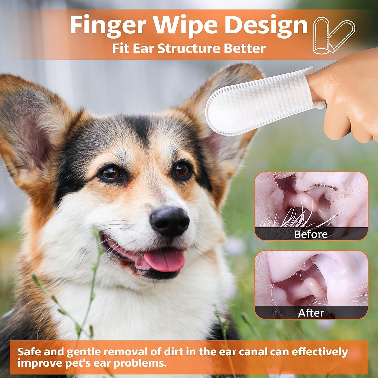 Ear Cleaner Finger Wipes, Grooming Kit Care for Dogs and Cats Regular Soothing Odor Control Reduce Dirt Wax Build up Pet Supplies Easy to Use Fresh Coconut Scent, 60 Count