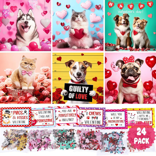 Valentines Day Gifts for Kids - 24 Packs Cat Dog Jigsaw Puzzles with Kids Valentines Day Cards for Classroom School Kids Boys Girls, Valentines Puzzle Gift Exchange Party Favors Class Prizes