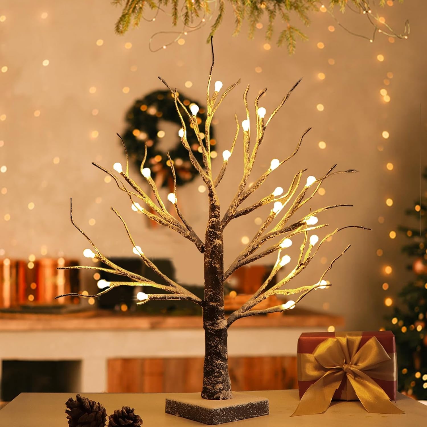 Valentines Day Decor Table Lamp Artificial Tree Decorations, 48 LED Adjustable Branches Bonsai Tree, Warm White 18” Lighted Snow Dusted Tree for Home Wedding Dinner Party DIY Gift