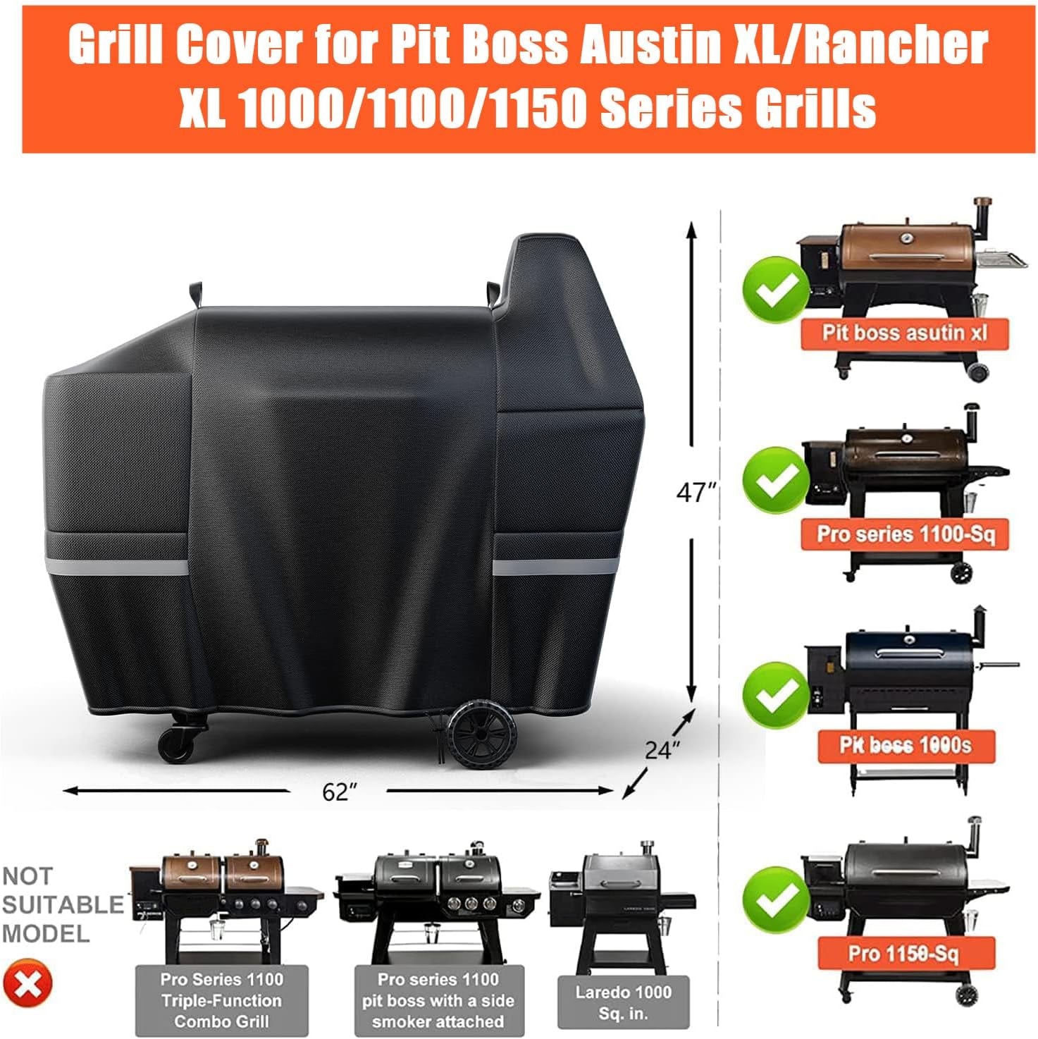 Grill Cover for Pit Boss Austin Xl/Rancher XL 1000S, 1000SC, 1000SQ, 1000SC2, 1100 Pro, 1000/1100/1150 Series, Z Grill 1000 Series Wood Pellet Grills, Heavy Duty, 600D, Black