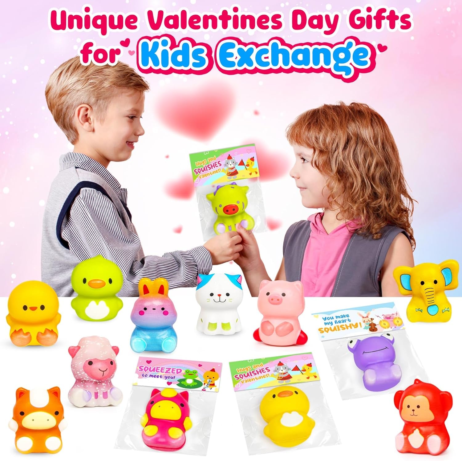 Valentines Day Gifts for Kids Classroom 24PCS Animal Squishy Toys with Valentines Day Cards for Kids School Class Exchange Slow Rising Squeeze Squishies Fidget Valentine Party Favor Toddler Boys Girls