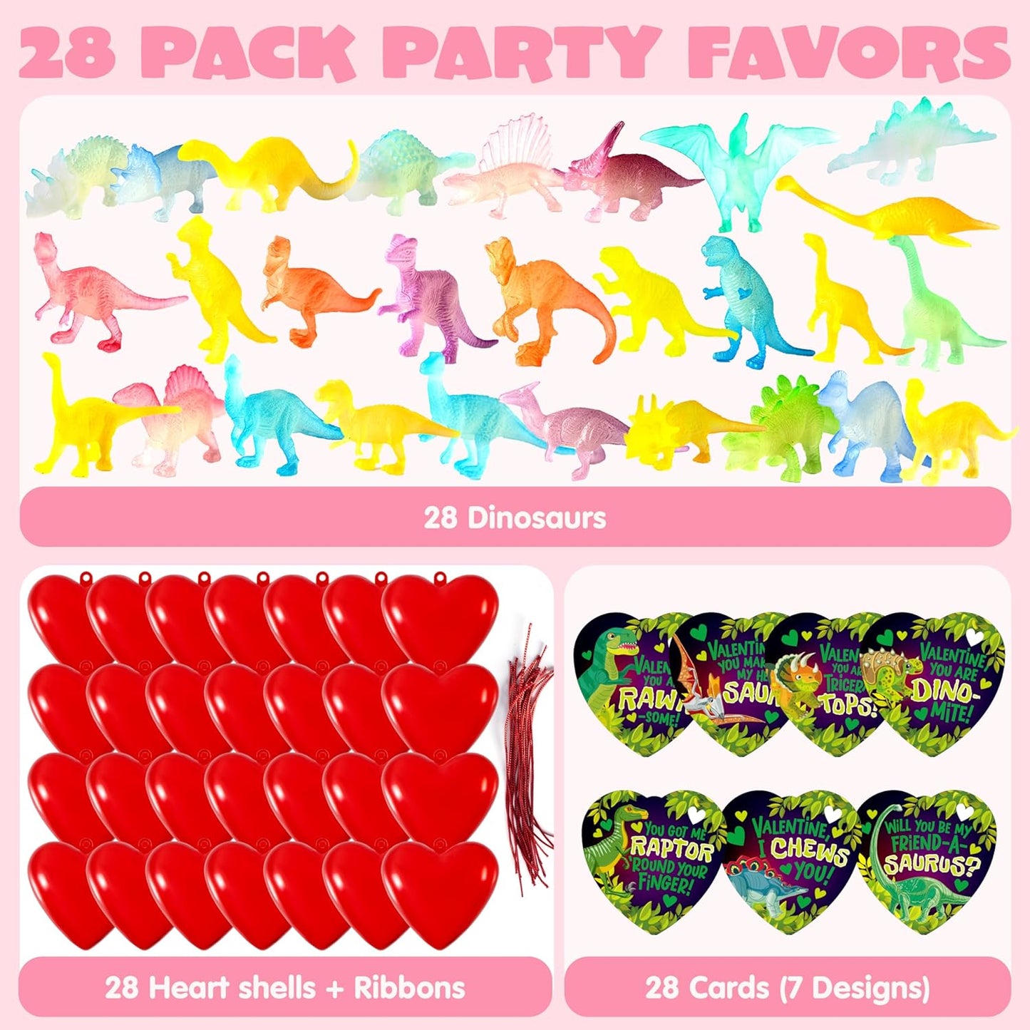 28 Packs Valentines Day Greeting Cards with Glow in Dark Dinosaur Toys and Heart Shells for Valentine Kids Party Favor, Classroom Exchange Prizes, School Gift Rewards