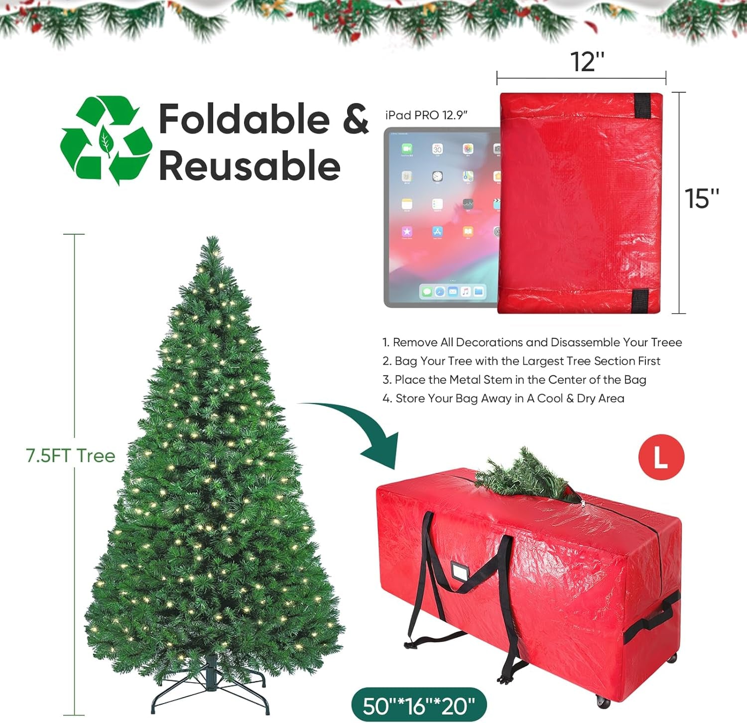 7.5 Ft Rolling Christmas Tree Storage Bag, 2 Swivel Wheels for Easy Moving, Heavy Duty Extra Large Artificial Christmas Tree Bag with Reinforced Carry Handles and Fixed Buckle (Green)