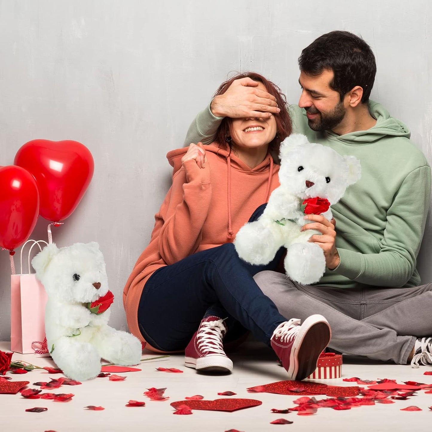 Valentine'S Day Plush Stuffed Animal Bear with Rose Funny Cute Stuffed Animal Plush Gifts for Girlfriend Valentine'S Day, 11.8 Inches(White)