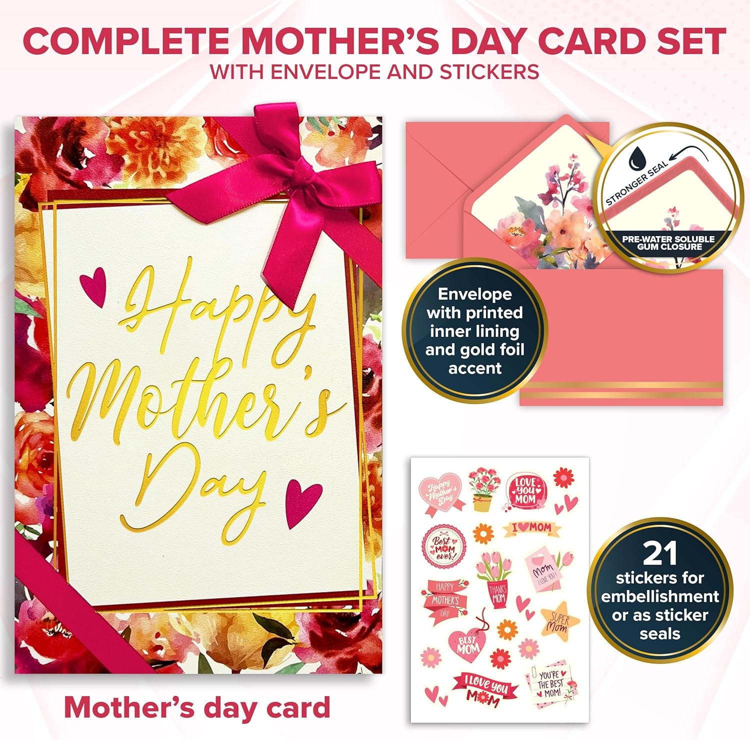 Gold Foiled and Textured 5X8In Individual Happy Mothers Day Card Set with Ribbon and Floral Designs, Card Set with Envelope and Stickers, with Printed Message Inside